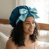 Deep Teal and Aqua Blue Reversible Bonnet with Ties - NOCHKA
