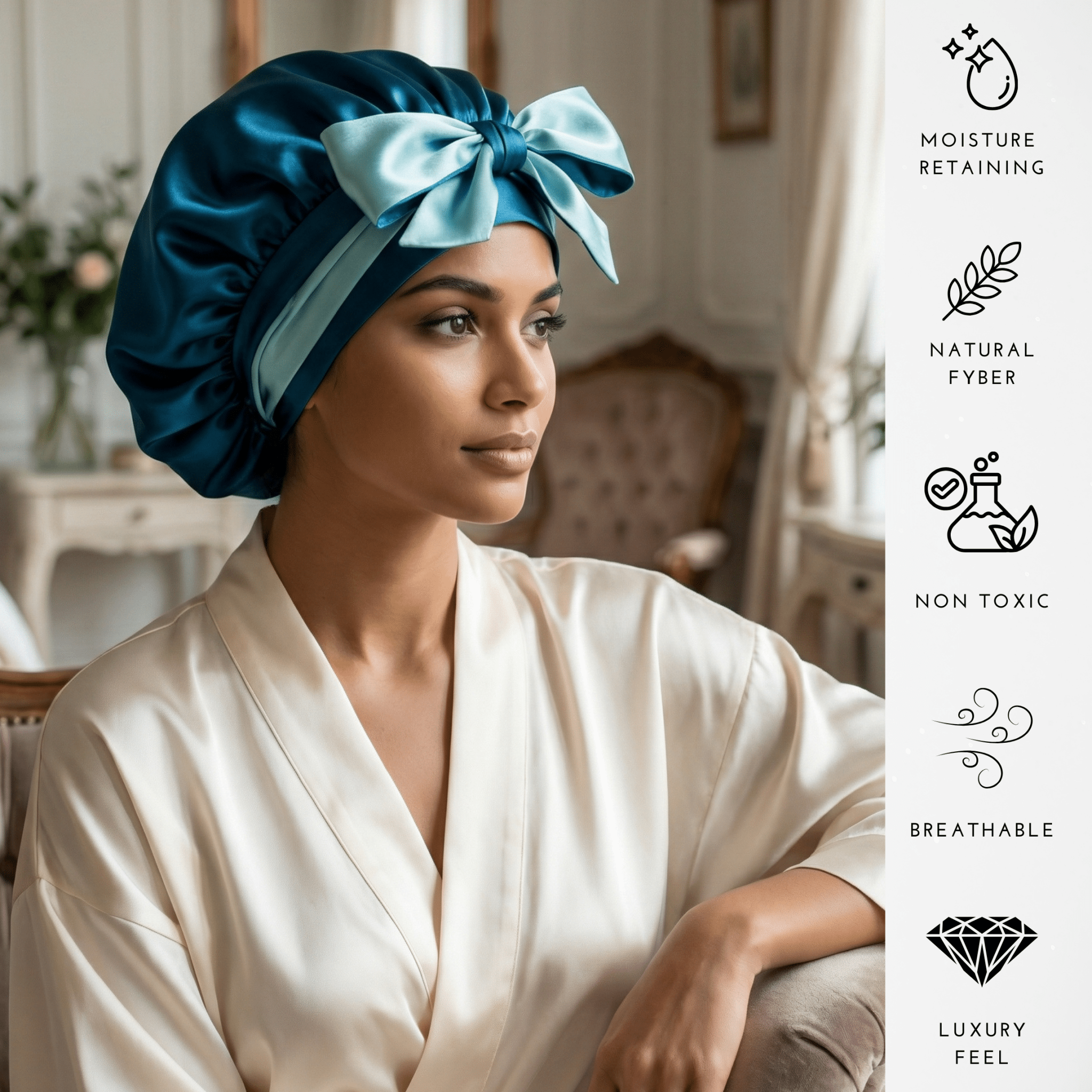 Deep Teal and Aqua Blue Reversible Bonnet with Ties - NOCHKA
