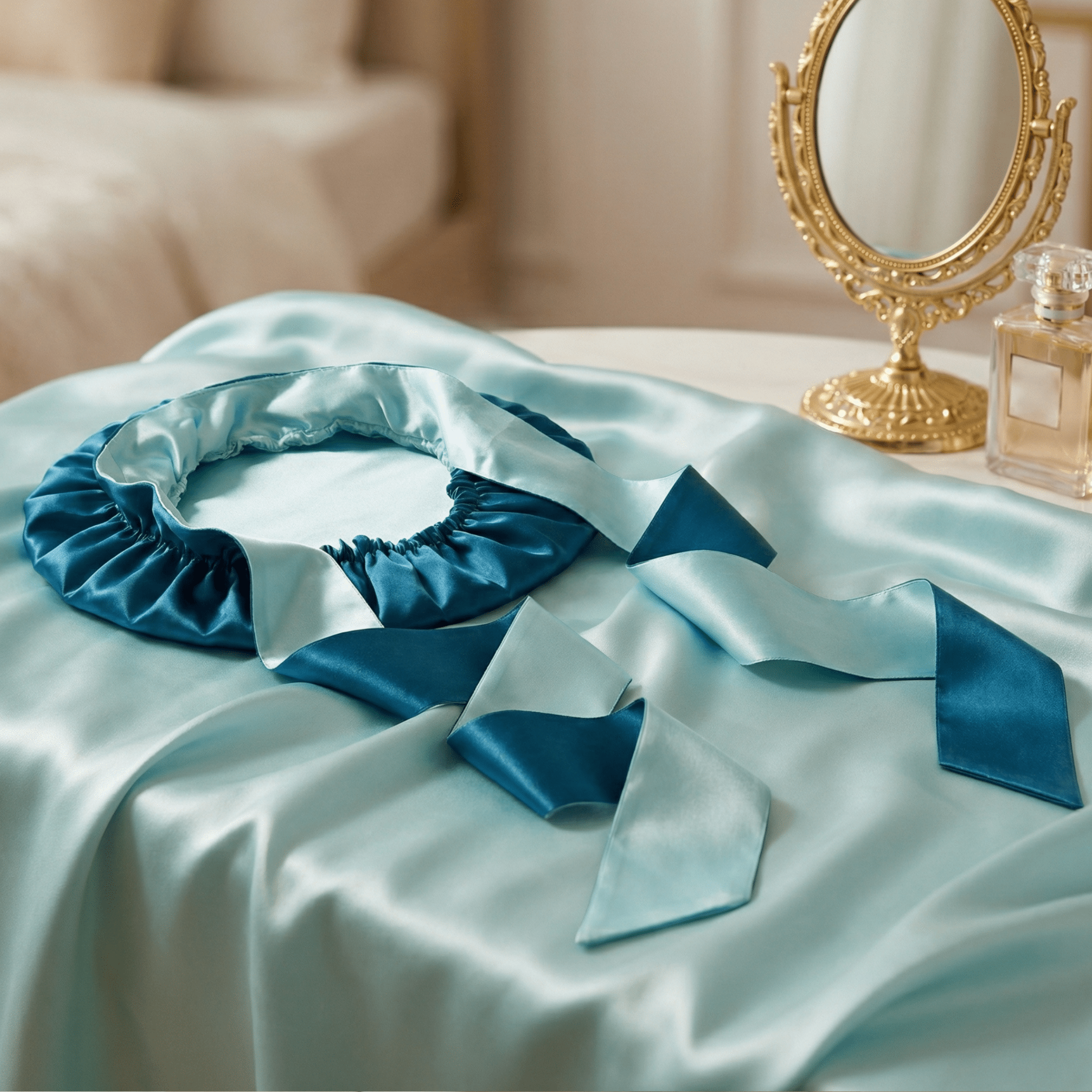 Deep Teal and Aqua Blue Reversible Bonnet with Ties - NOCHKA
