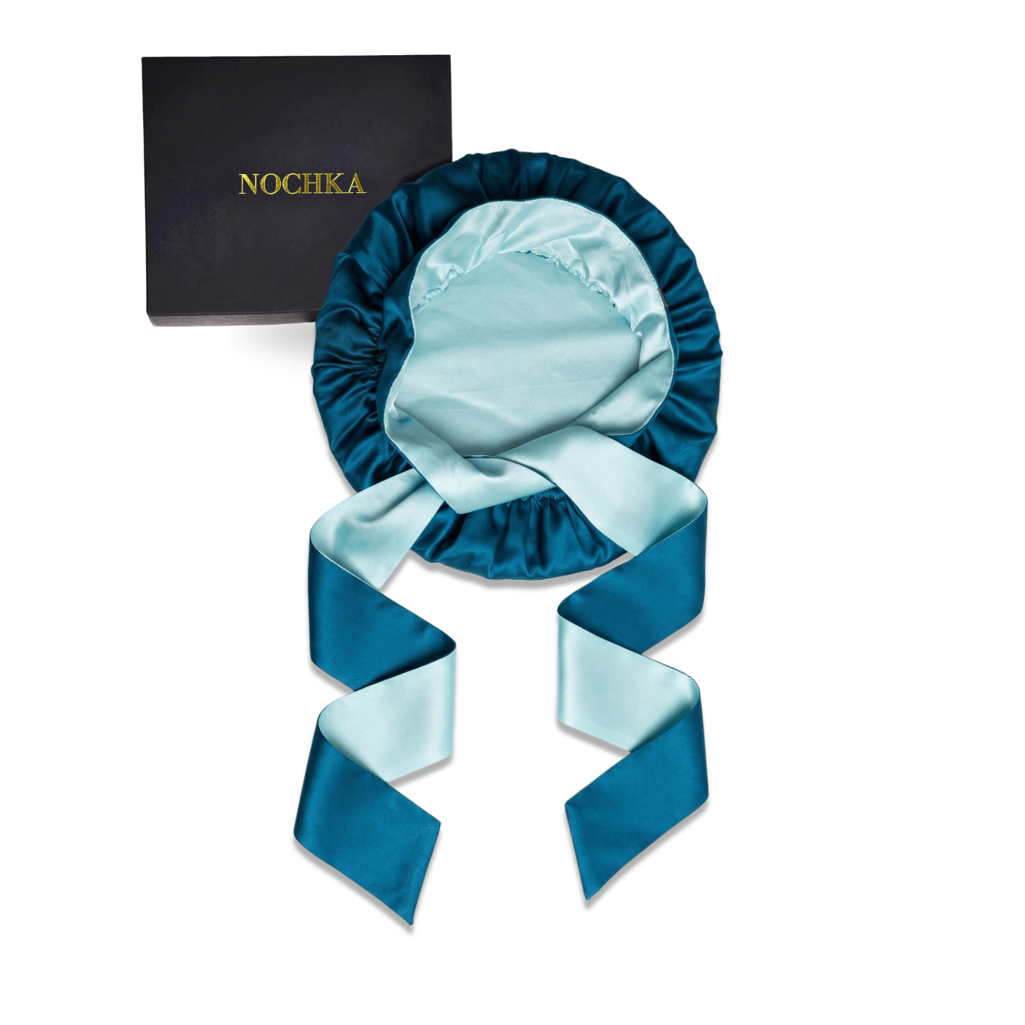 Deep Teal and Aqua Blue Reversible Bonnet with Ties - NOCHKA
