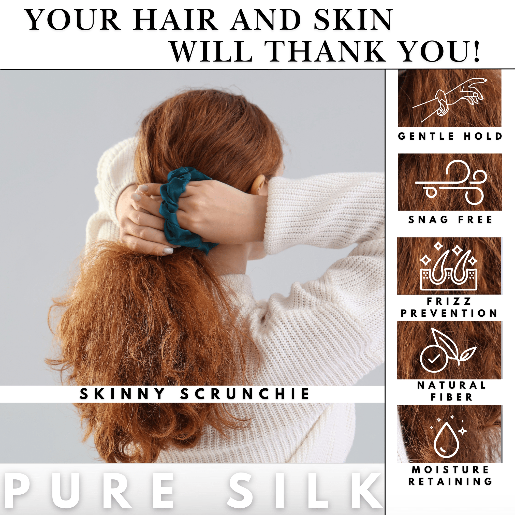 Deep Teal Skinny Scrunchie – 100% Pure Mulberry Silk, Perfect for All Hair Types - NOCHKA
