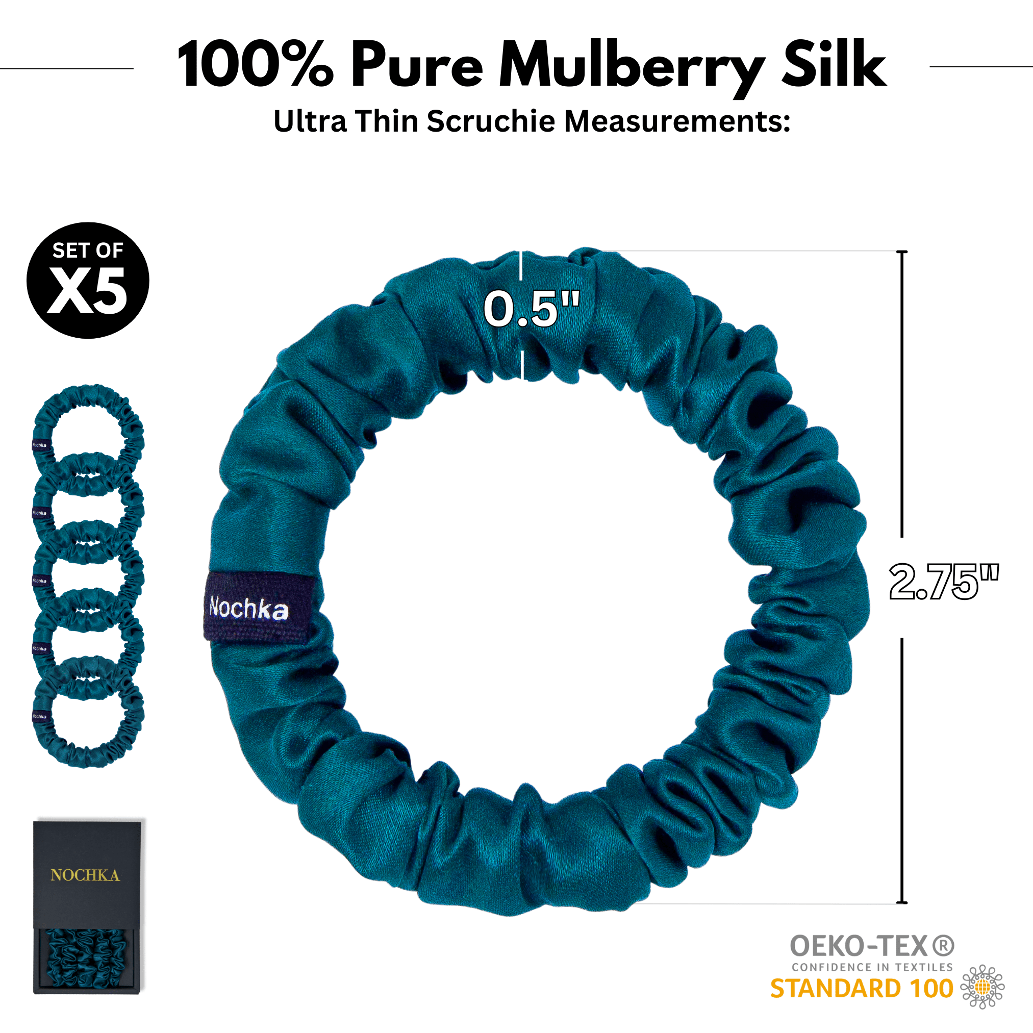 Deep Teal Ultra - Skinny Silk Scrunchies (Set of 5) - NOCHKA
