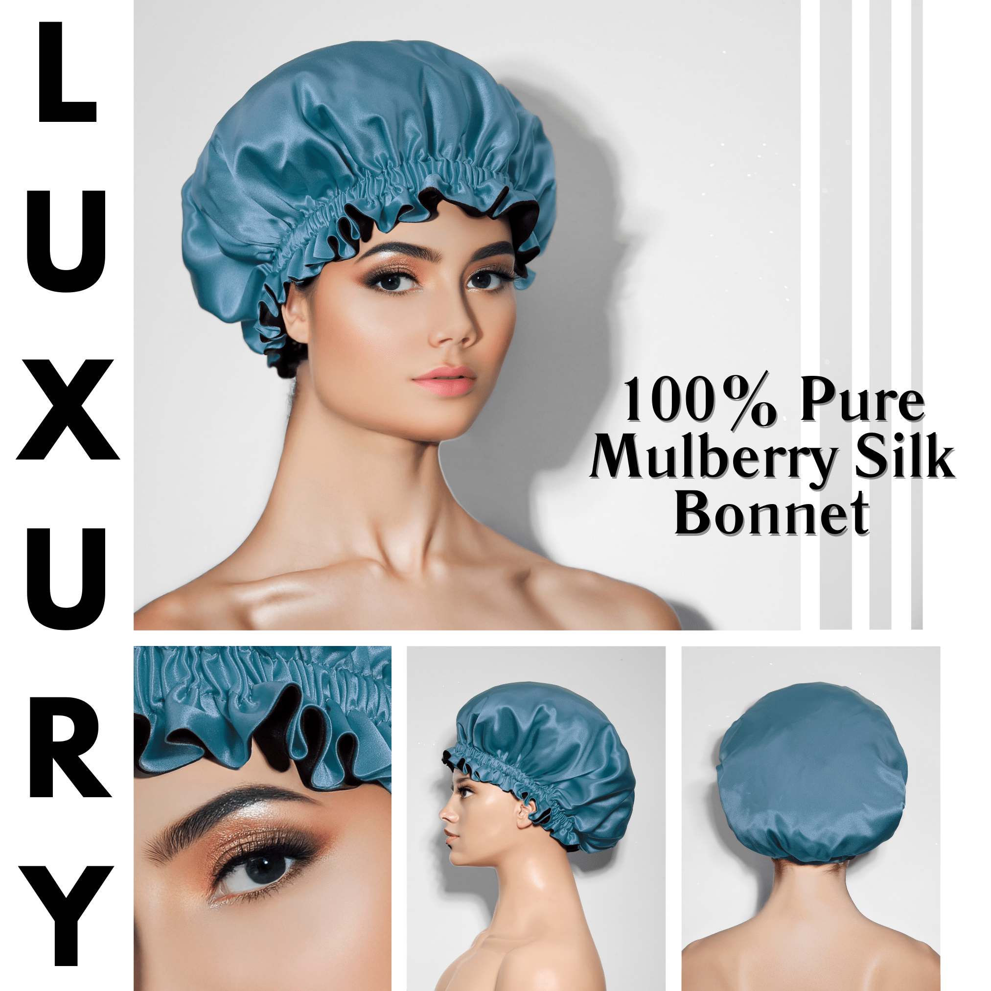 Denim & Black Pure Mulberry Silk Bonnet – Reversible & Durable - NOCHKA
