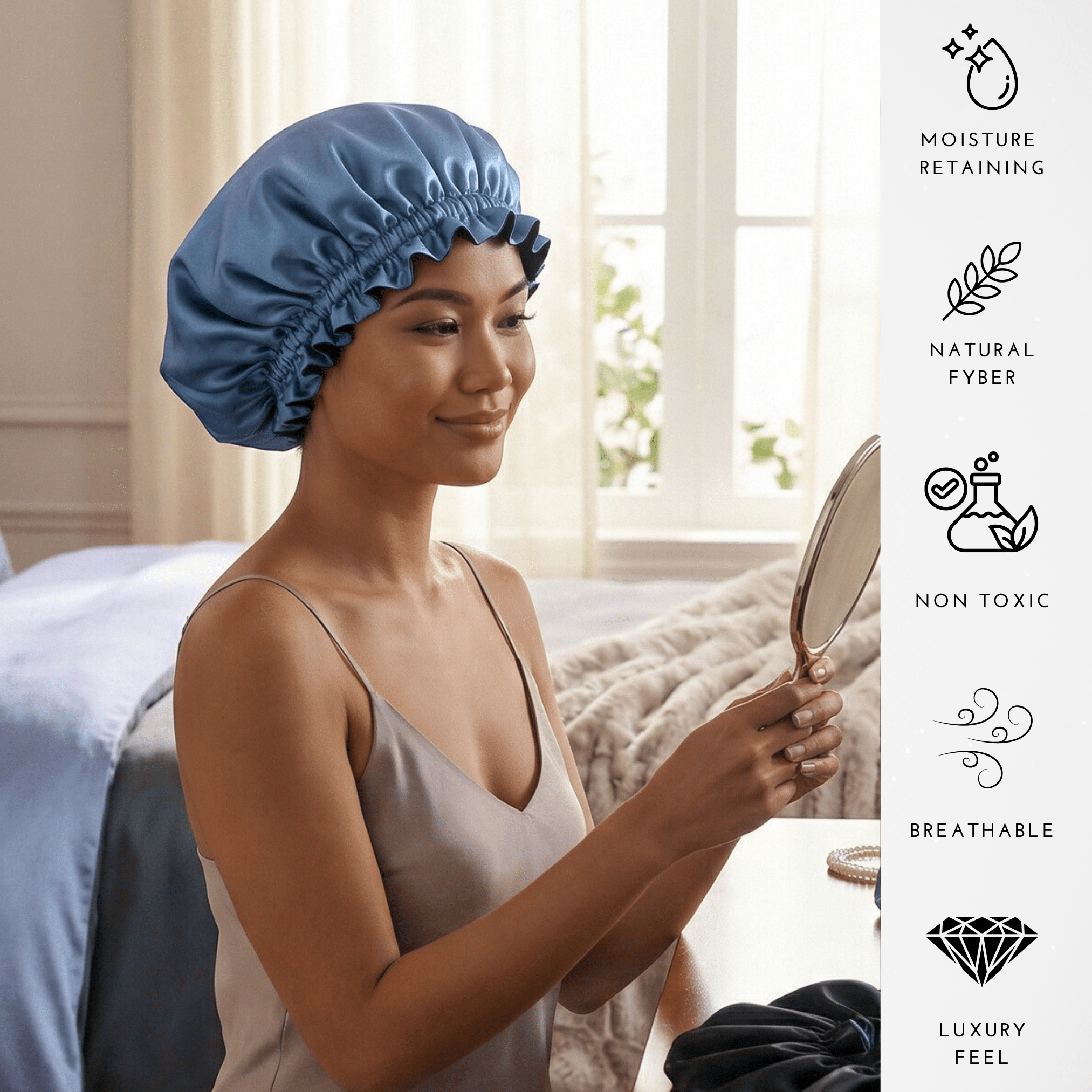Denim & Black Pure Mulberry Silk Bonnet – Reversible & Durable - NOCHKA
