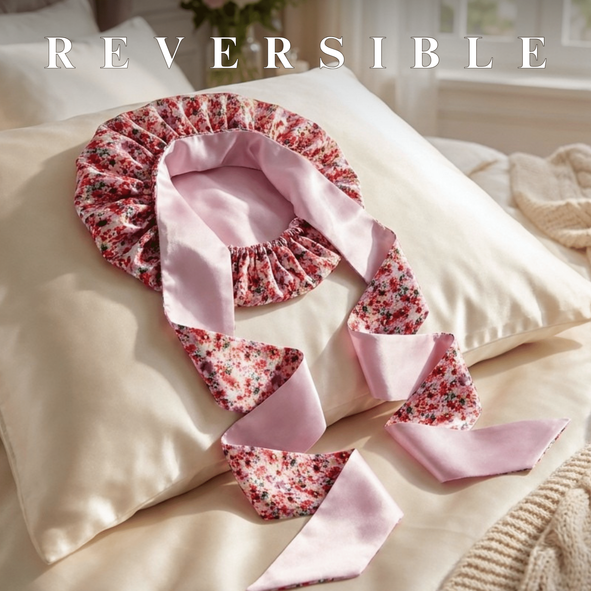 Floral Pure Mulberry Silk Bonnet – Reversible, Adjustable Fit with Silk Ties - NOCHKA
