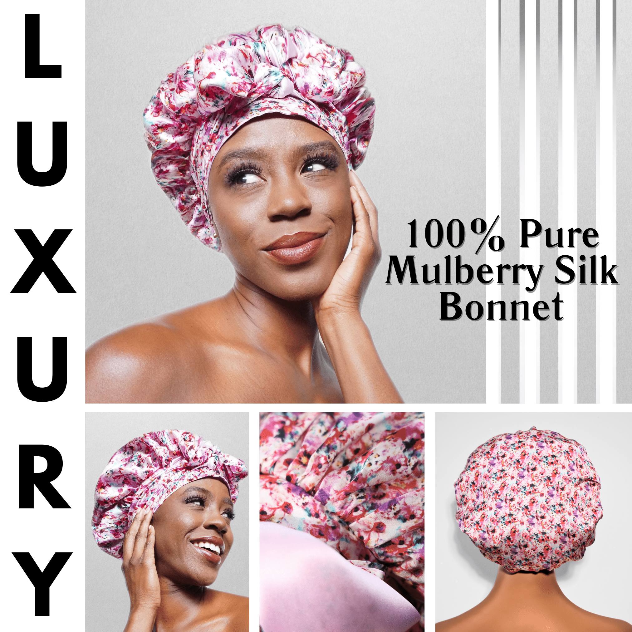 Floral Pure Mulberry Silk Bonnet – Reversible, Adjustable Fit with Silk Ties - NOCHKA
