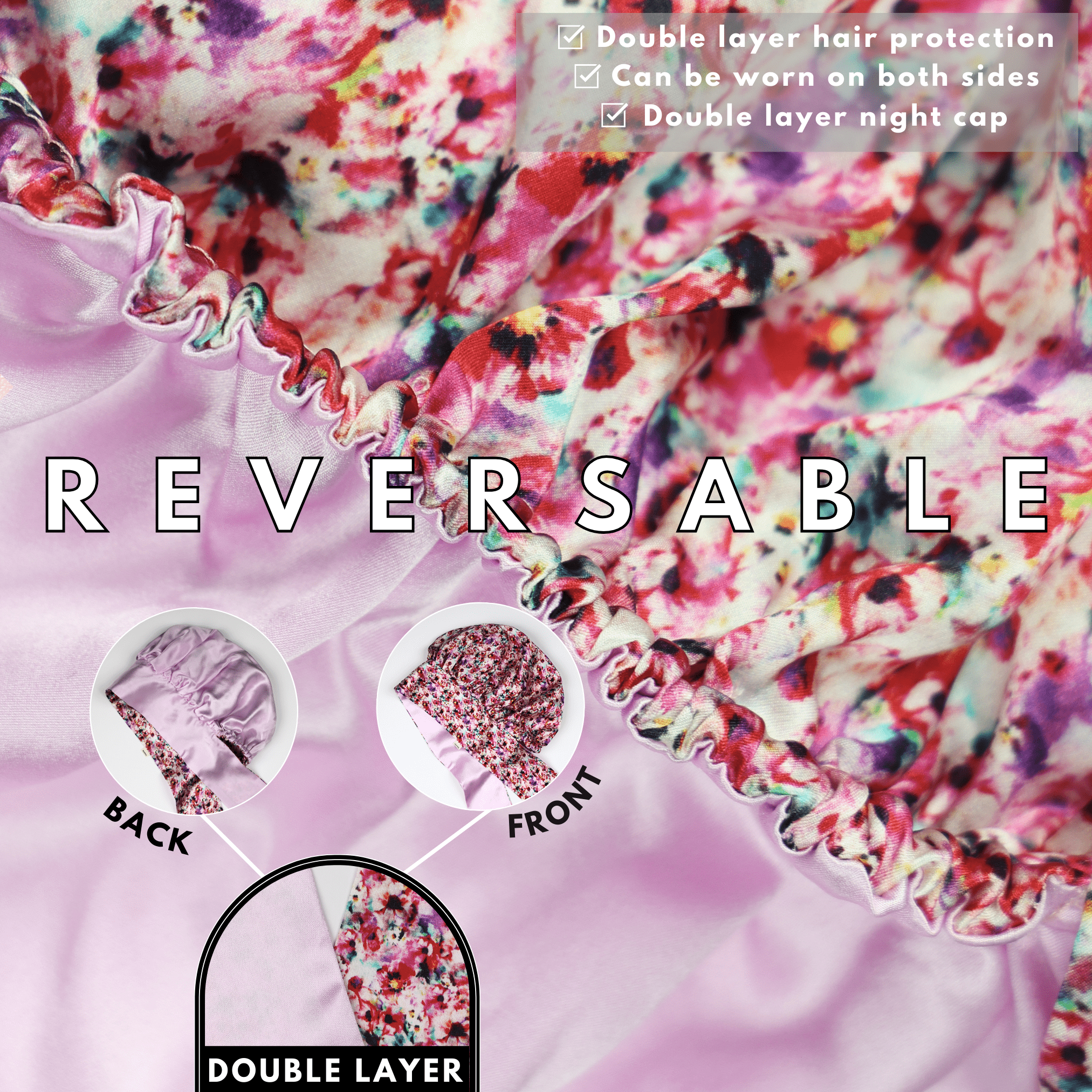 Floral Pure Mulberry Silk Bonnet – Reversible, Adjustable Fit with Silk Ties - NOCHKA
