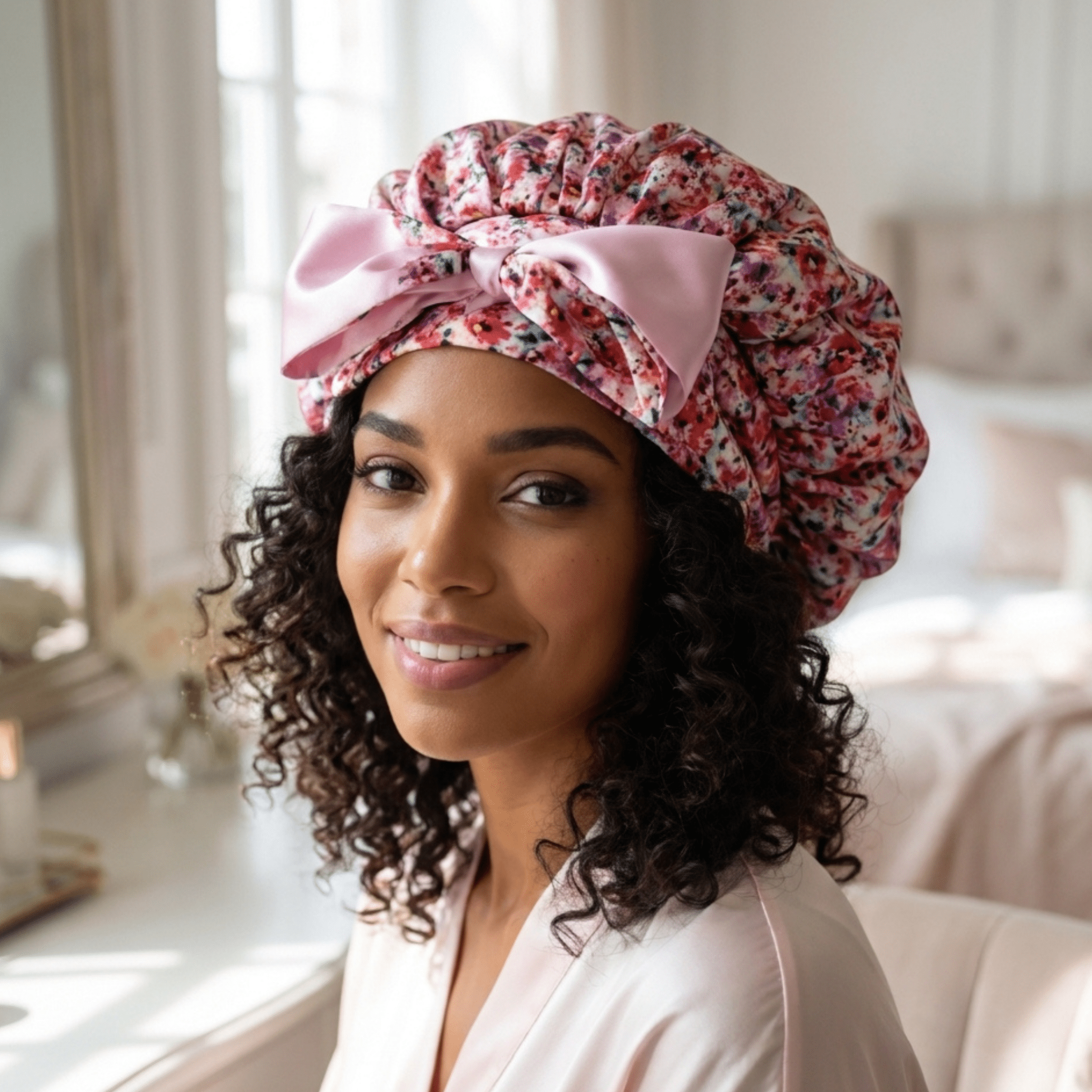 Floral Pure Mulberry Silk Bonnet – Reversible, Adjustable Fit with Silk Ties - NOCHKA
