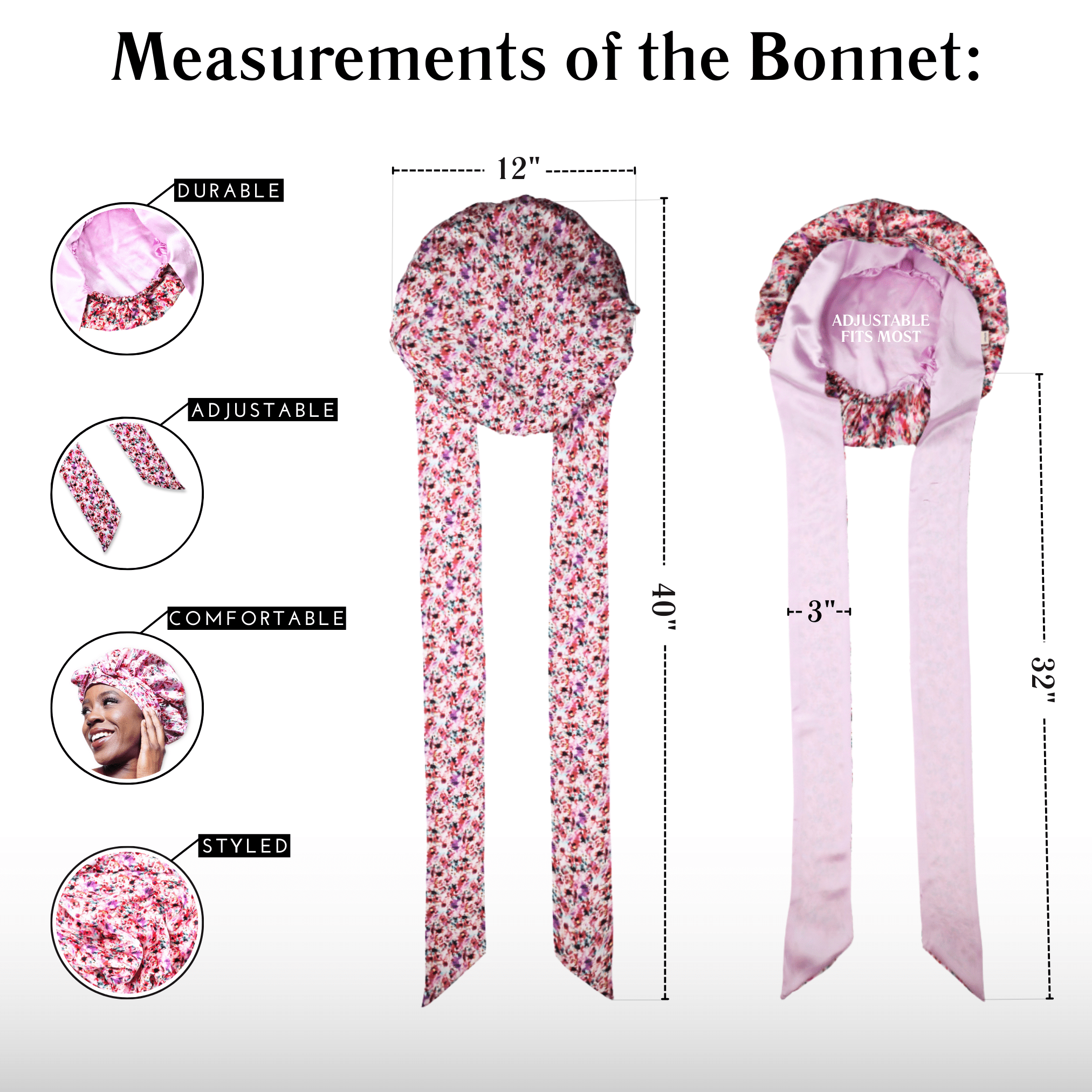 Floral Pure Mulberry Silk Bonnet – Reversible, Adjustable Fit with Silk Ties - NOCHKA
