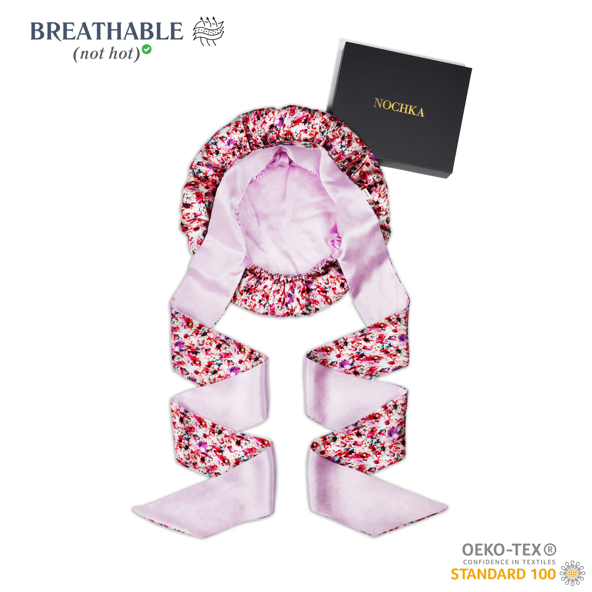 Floral Pure Mulberry Silk Bonnet – Reversible, Adjustable Fit with Silk Ties - NOCHKA

