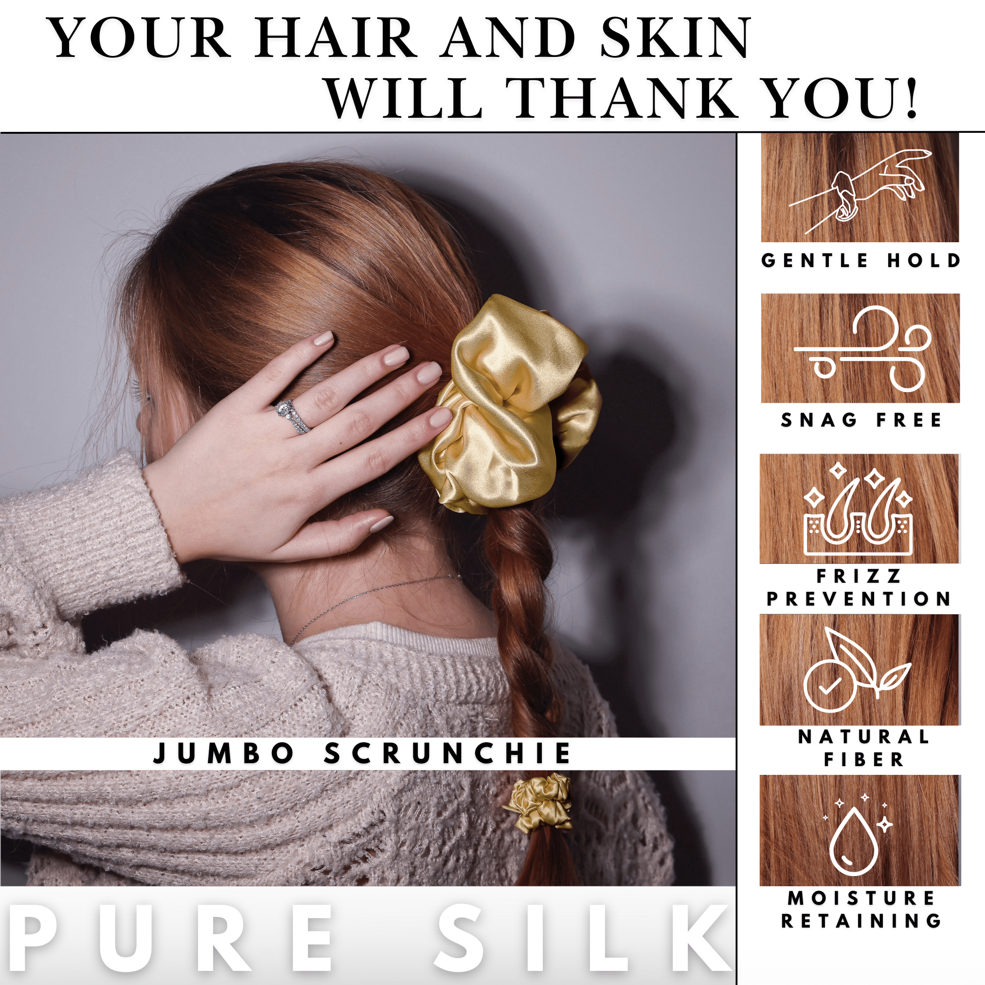 Gold Jumbo Scrunchie – 100% Pure Mulberry Silk, Perfect for All Hair Types - NOCHKA
