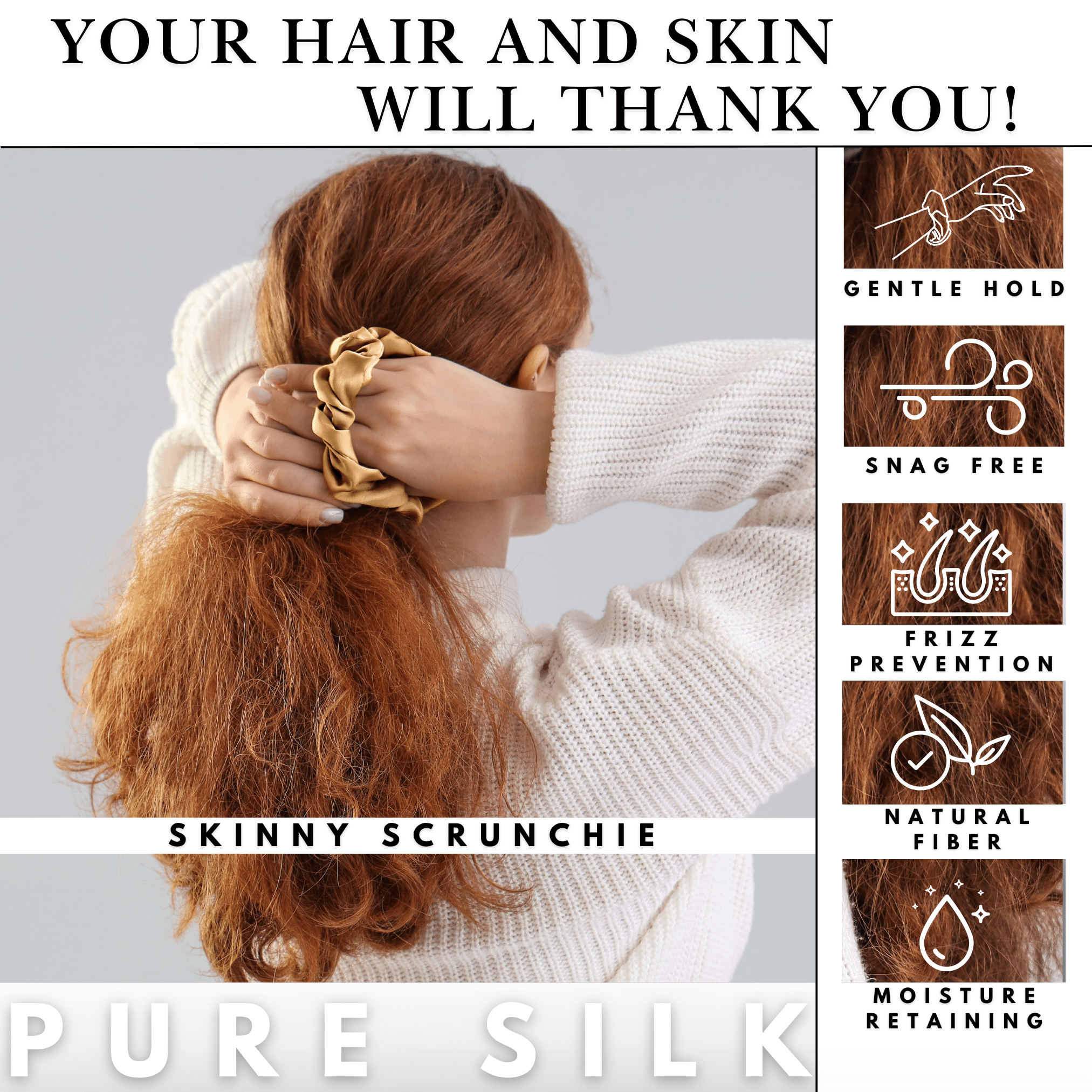 Gold Skinny Scrunchie – 100% Pure Mulberry Silk, Perfect for All Hair Types - NOCHKA
