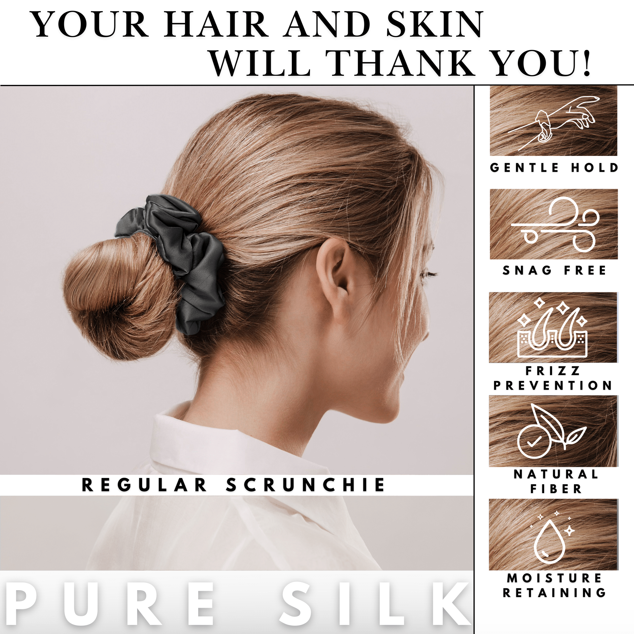 Graphite Gray Regular Scrunchie – 100% Pure Mulberry Silk, Perfect for All Hair Types - NOCHKA
