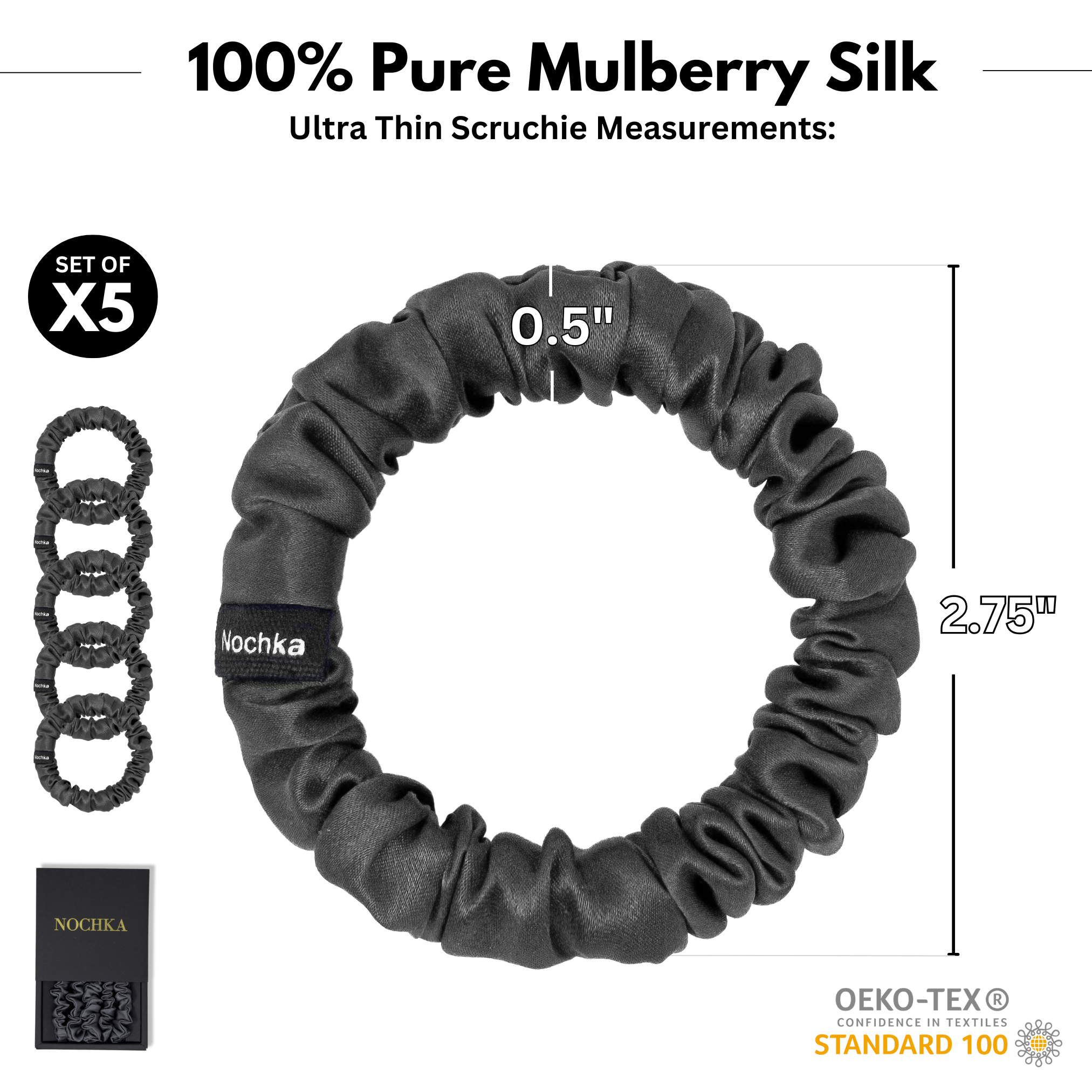 Graphite Gray Ultra - Skinny Silk Scrunchies (Set of 5) - NOCHKA
