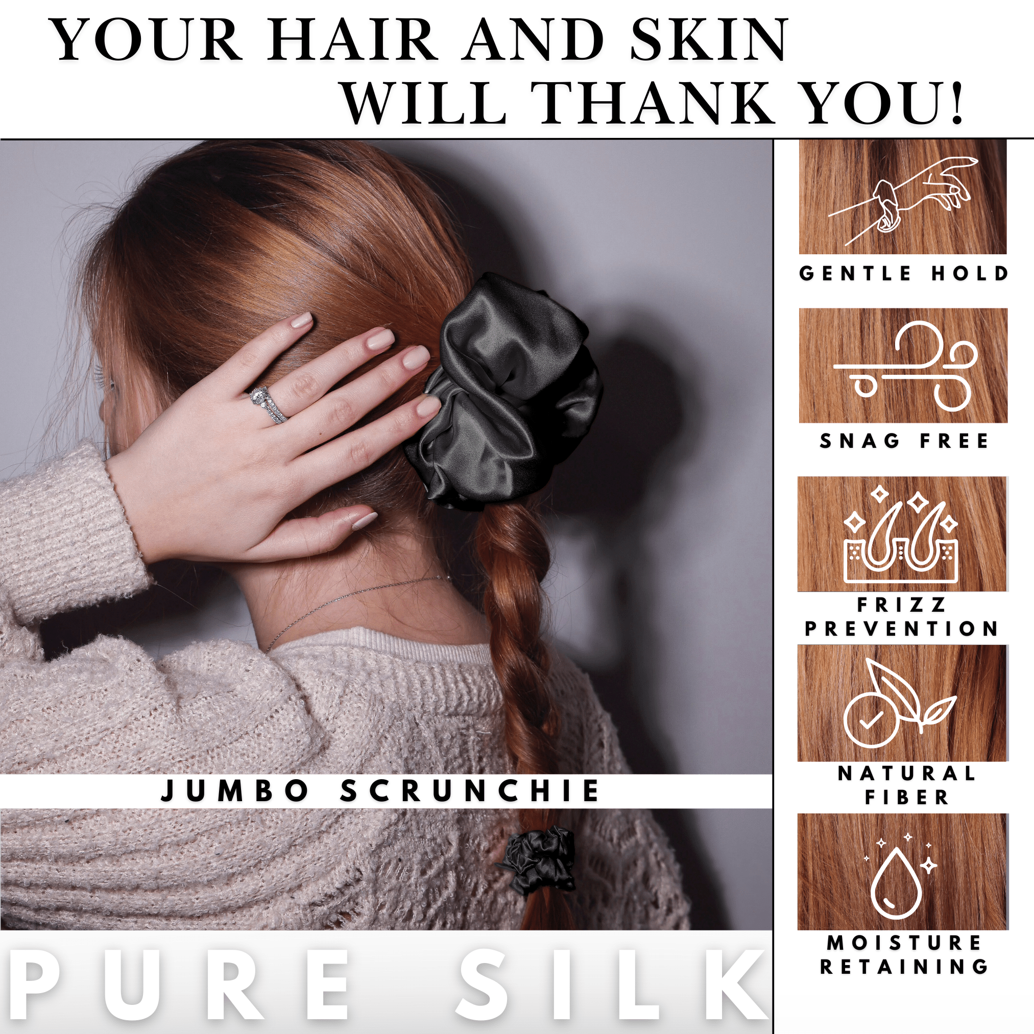 Graphite Jumbo Scrunchie – 100% Pure Mulberry Silk, Perfect for All Hair Types - NOCHKA
