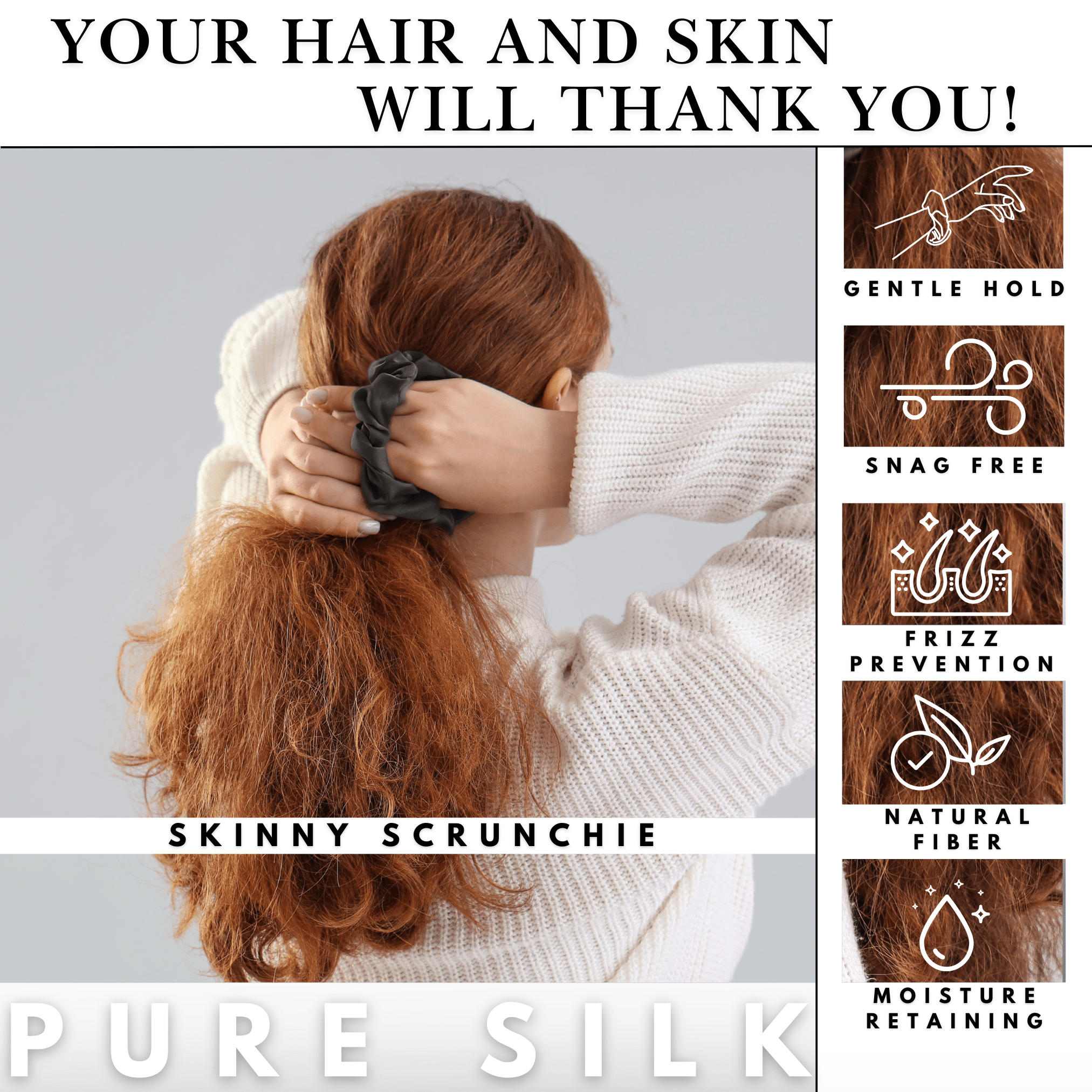 Graphite Skinny Scrunchie – 100% Pure Mulberry Silk, Perfect for All Hair Types - NOCHKA
