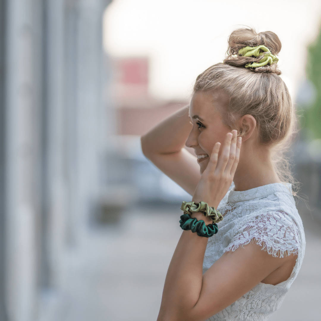 Green Shades of 3 Skinny Mulberry Silk Scrunchies | 100% Silk - NOCHKA
