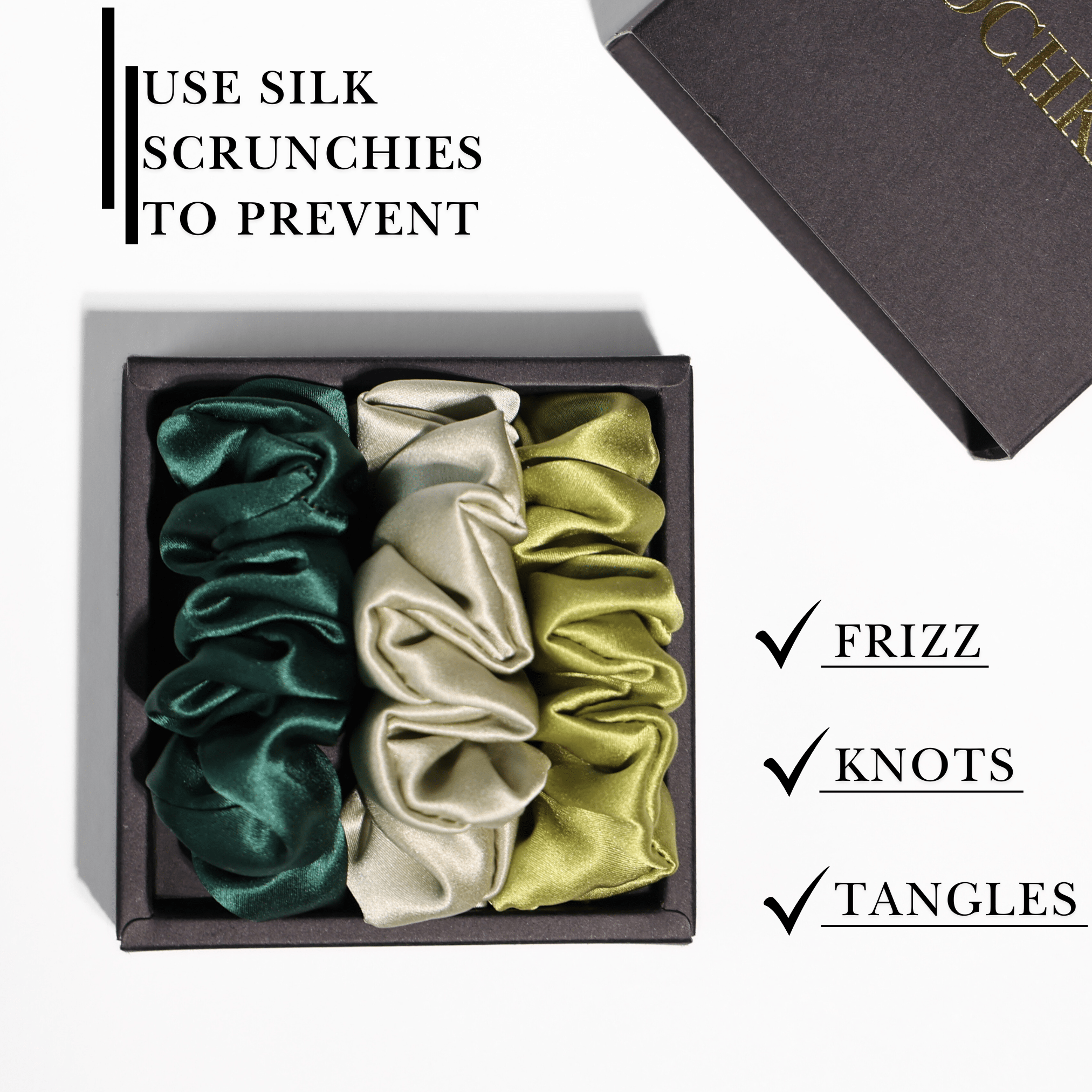 Green Shades of 3 Skinny Mulberry Silk Scrunchies | 100% Silk - NOCHKA
