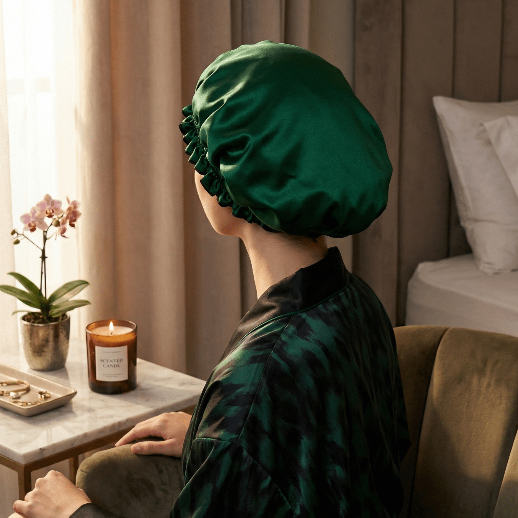 Hunter Green & Black Pure Mulberry Silk Bonnet – Reversible & Durable - NOCHKA
