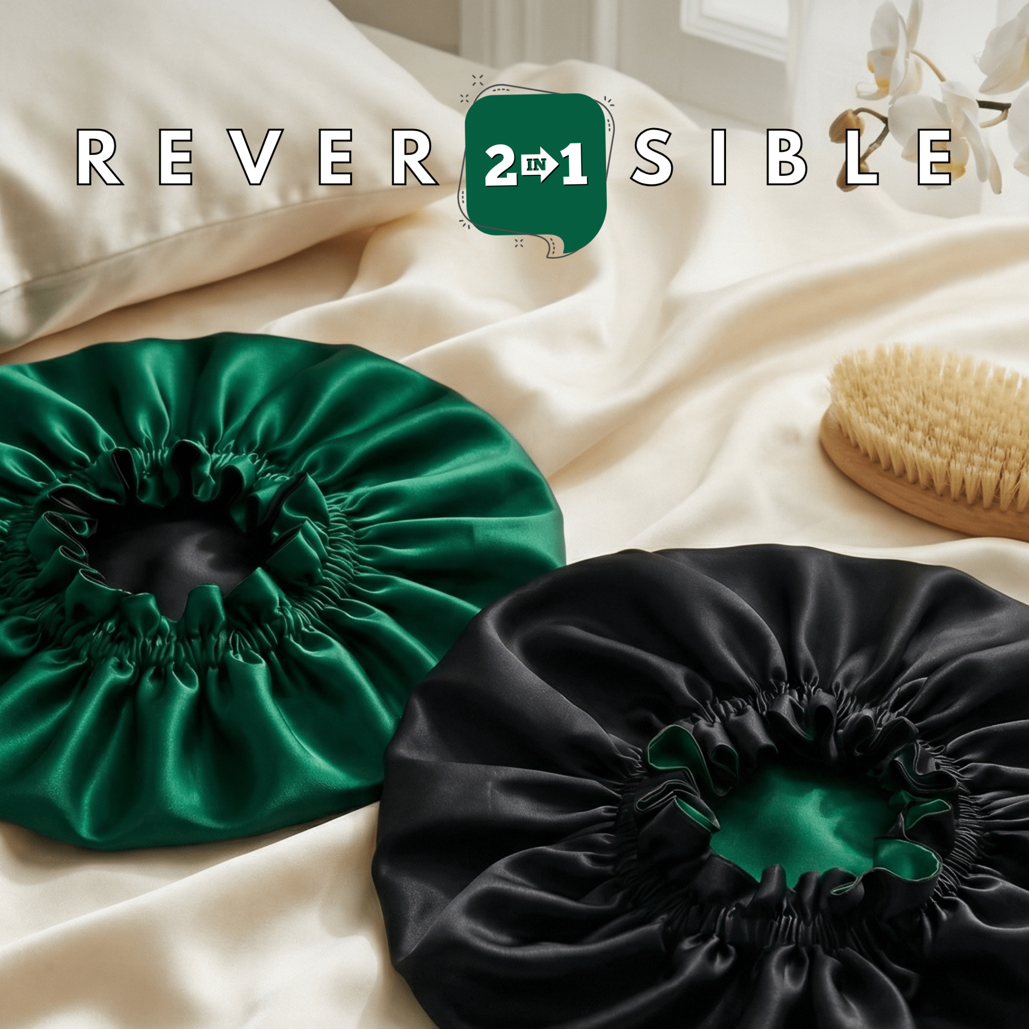 Hunter Green & Black Pure Mulberry Silk Bonnet – Reversible & Durable - NOCHKA
