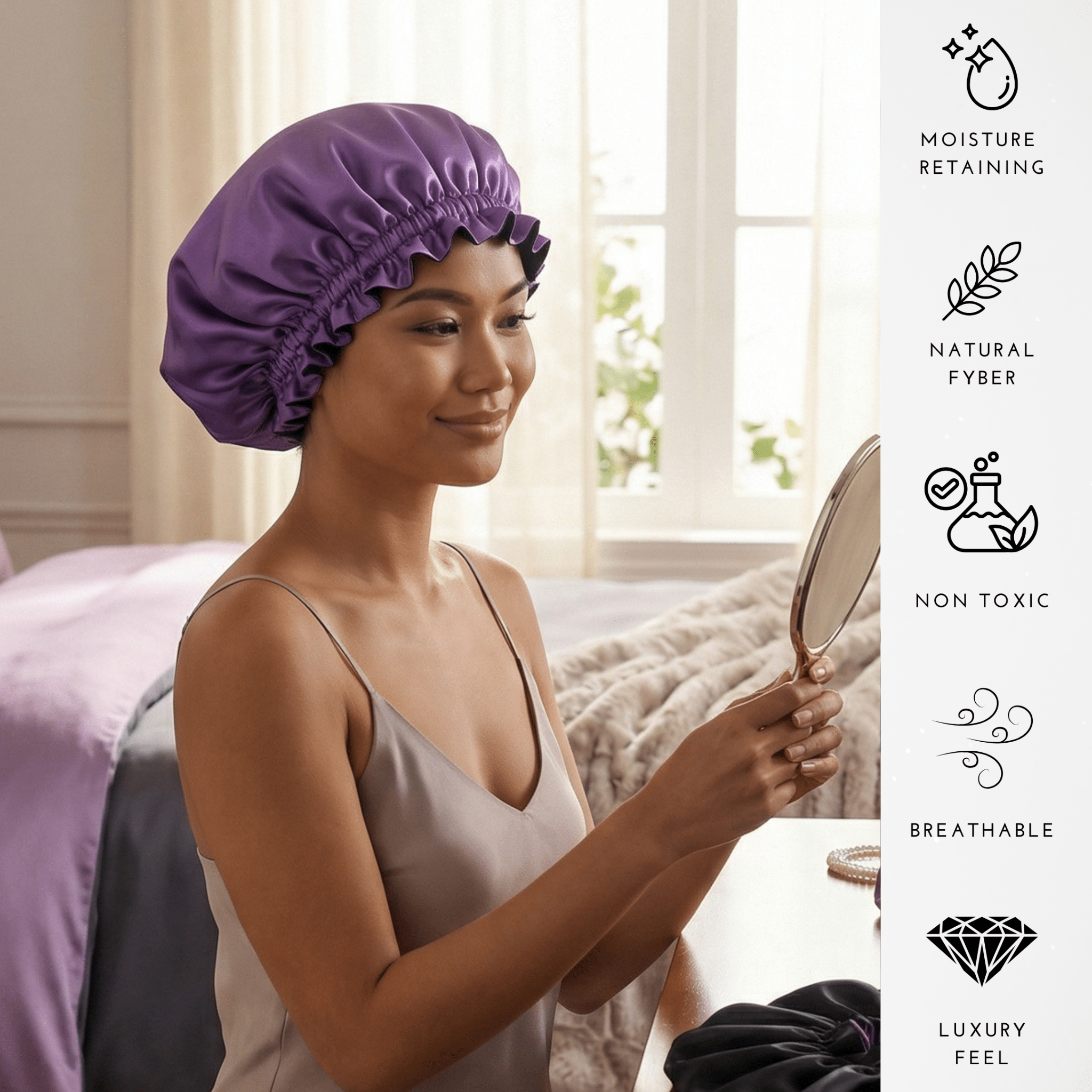 Iris & Black Pure Mulberry Silk Bonnet – Reversible & Durable - NOCHKA
