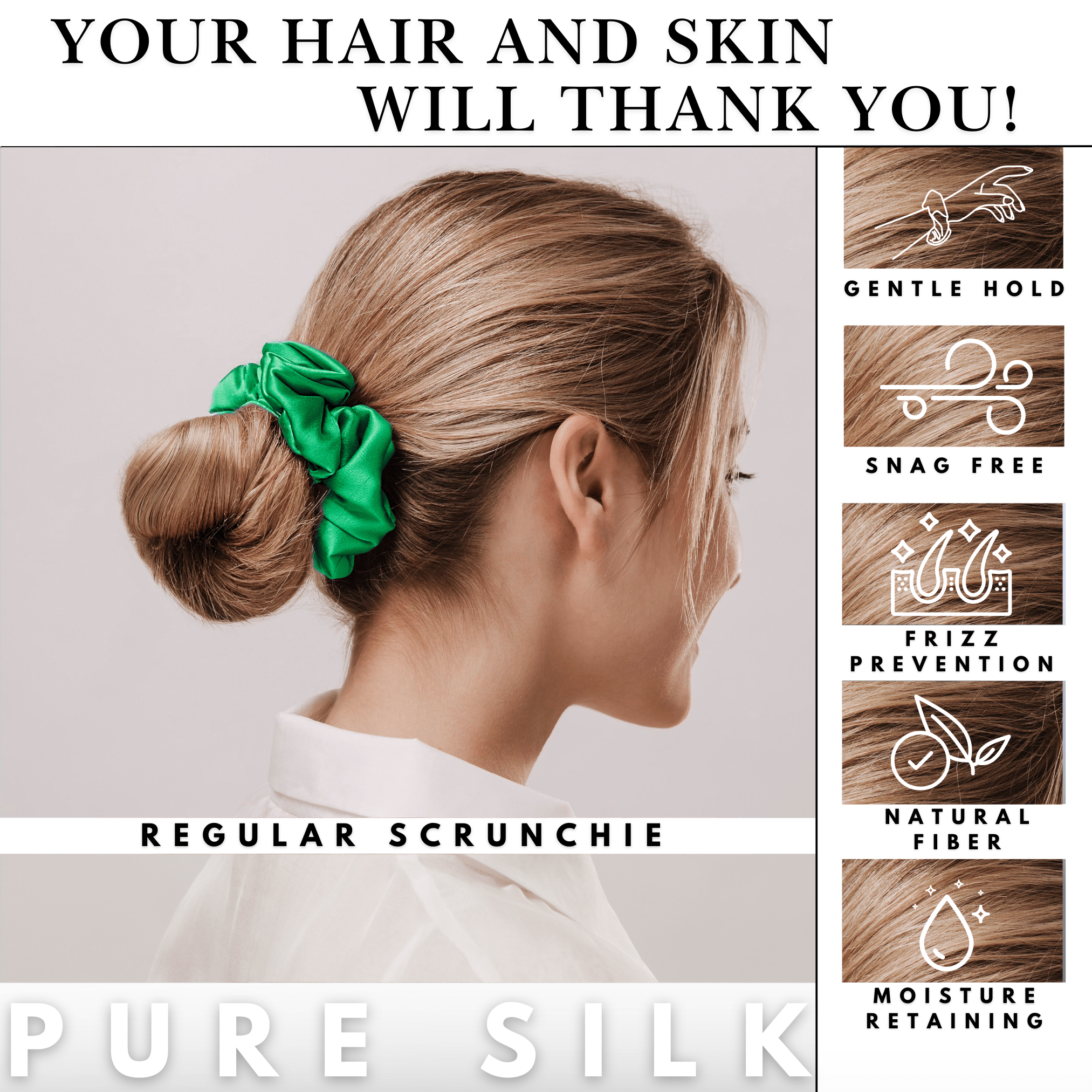 Kelly Green Regular Scrunchie – 100% Pure Mulberry Silk, Perfect for All Hair Types - NOCHKA
