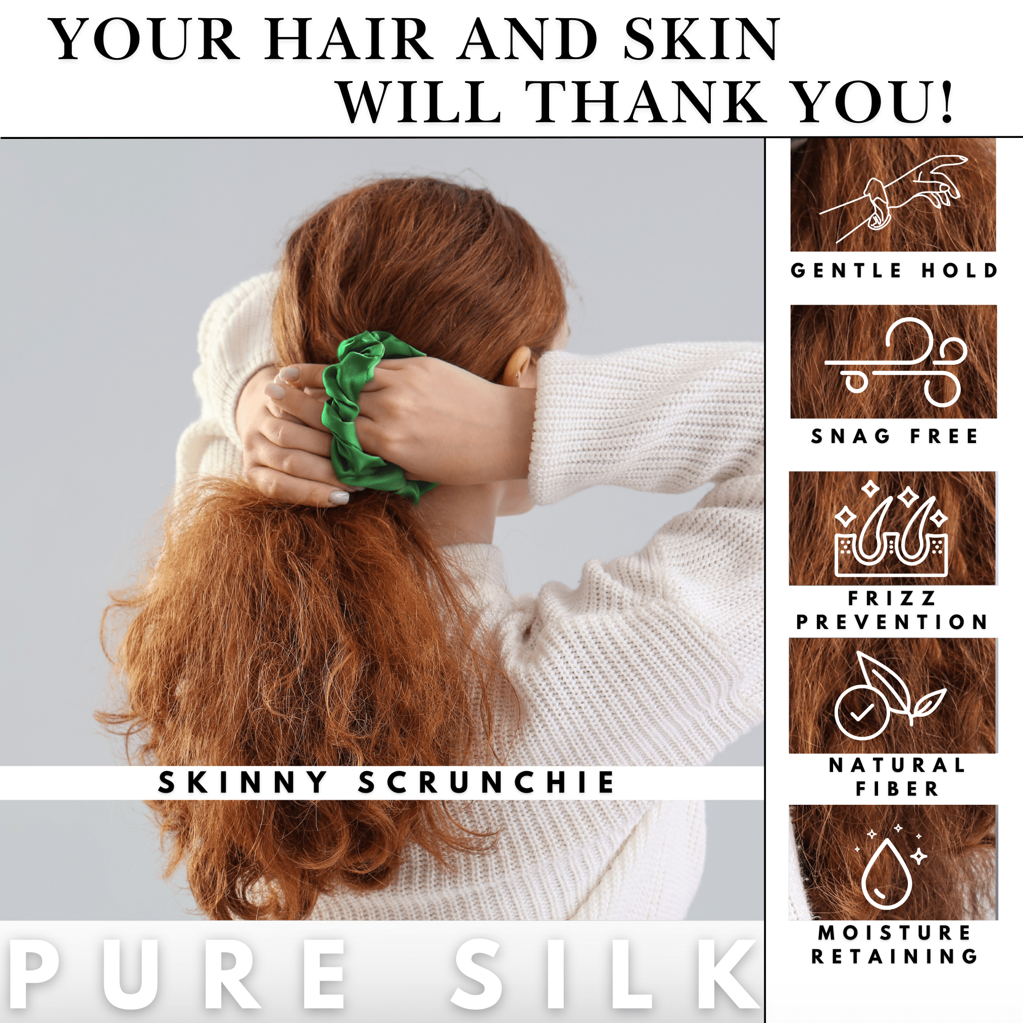 Kelly Green Skinny Scrunchie – 100% Pure Mulberry Silk, Perfect for All Hair Types - NOCHKA
