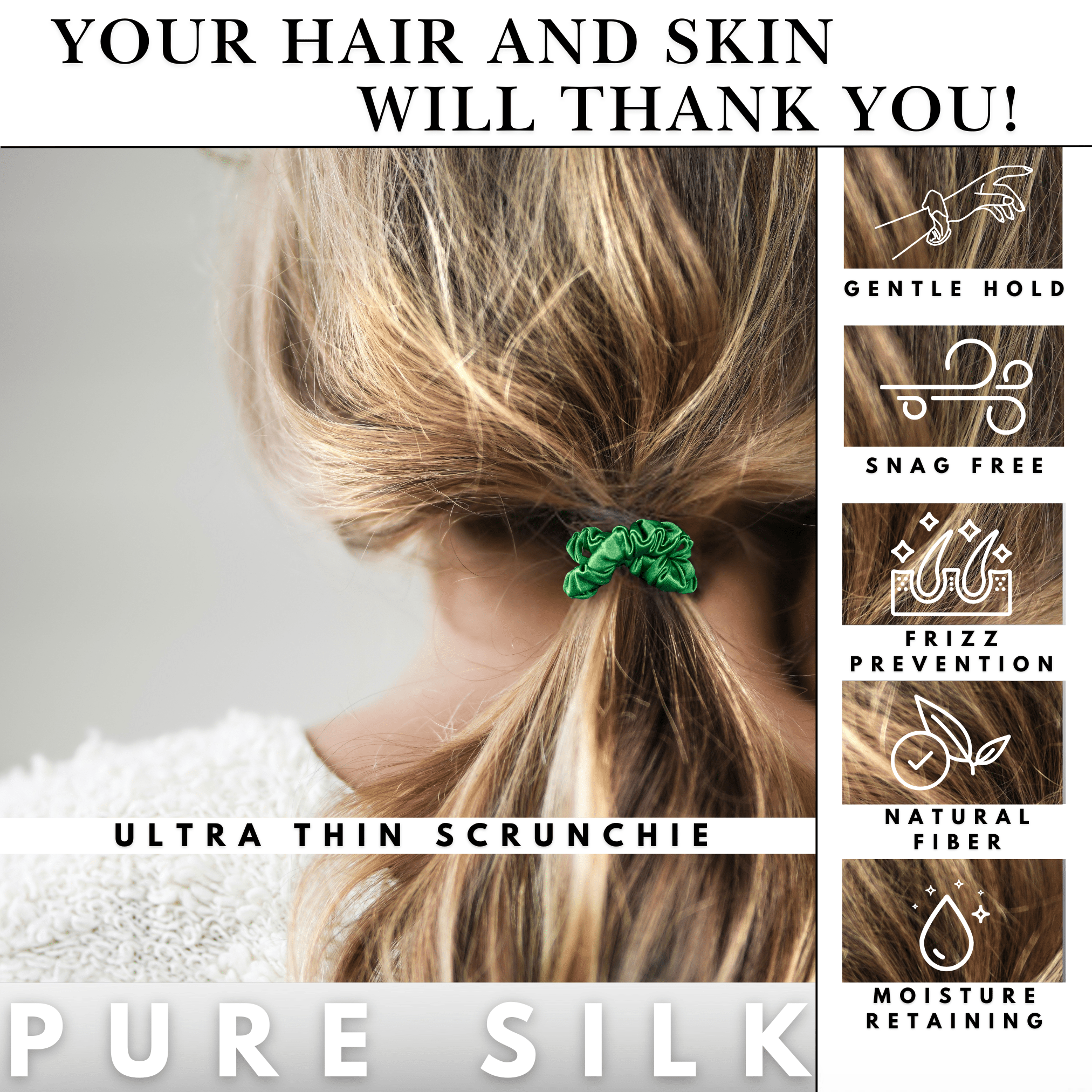 Kelly Green Ultra Skinny Scrunchie – 100% Pure Mulberry Silk, Perfect for All Hair Types - NOCHKA
