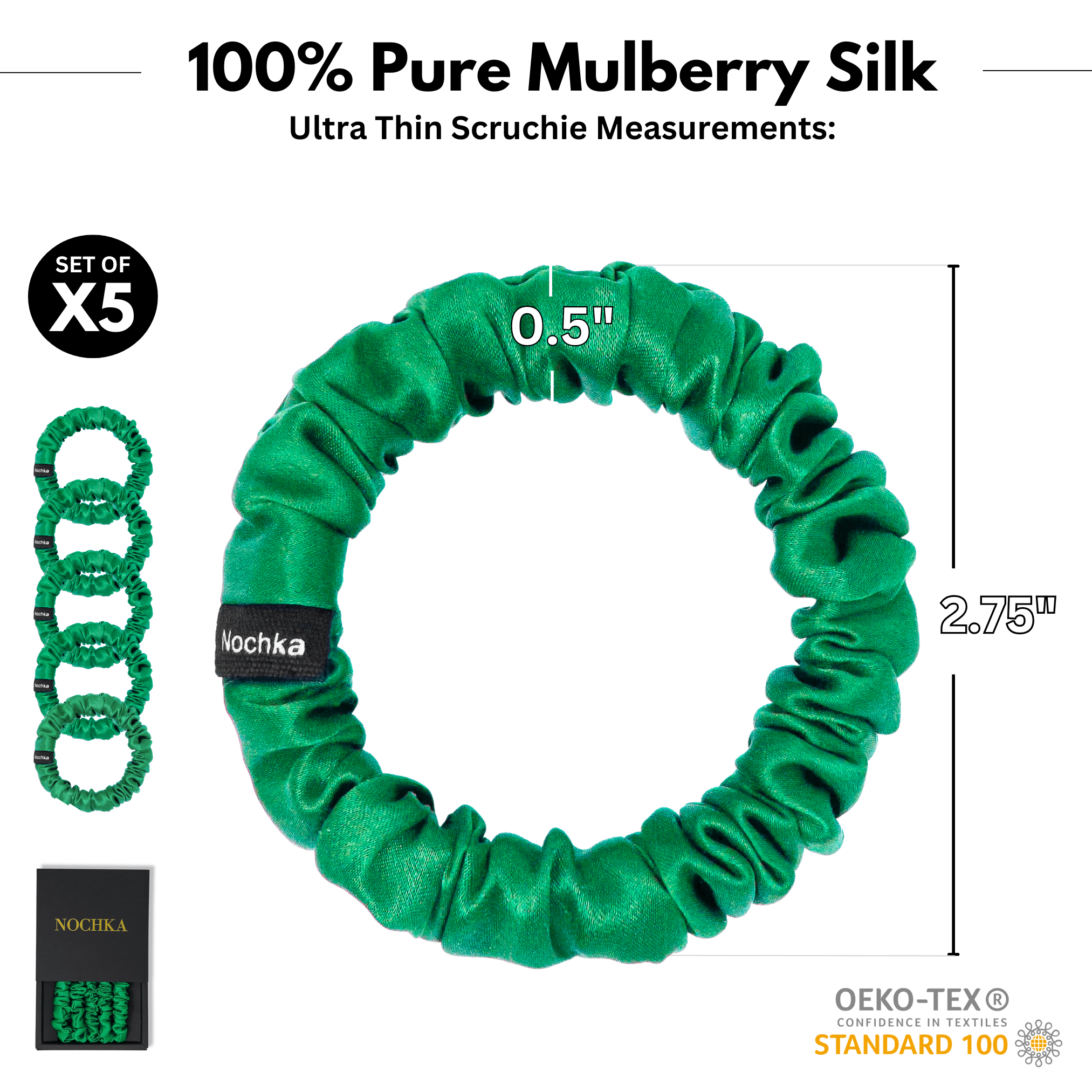 Kelly Green Ultra - Skinny Silk Scrunchies (Set of 5) - NOCHKA

