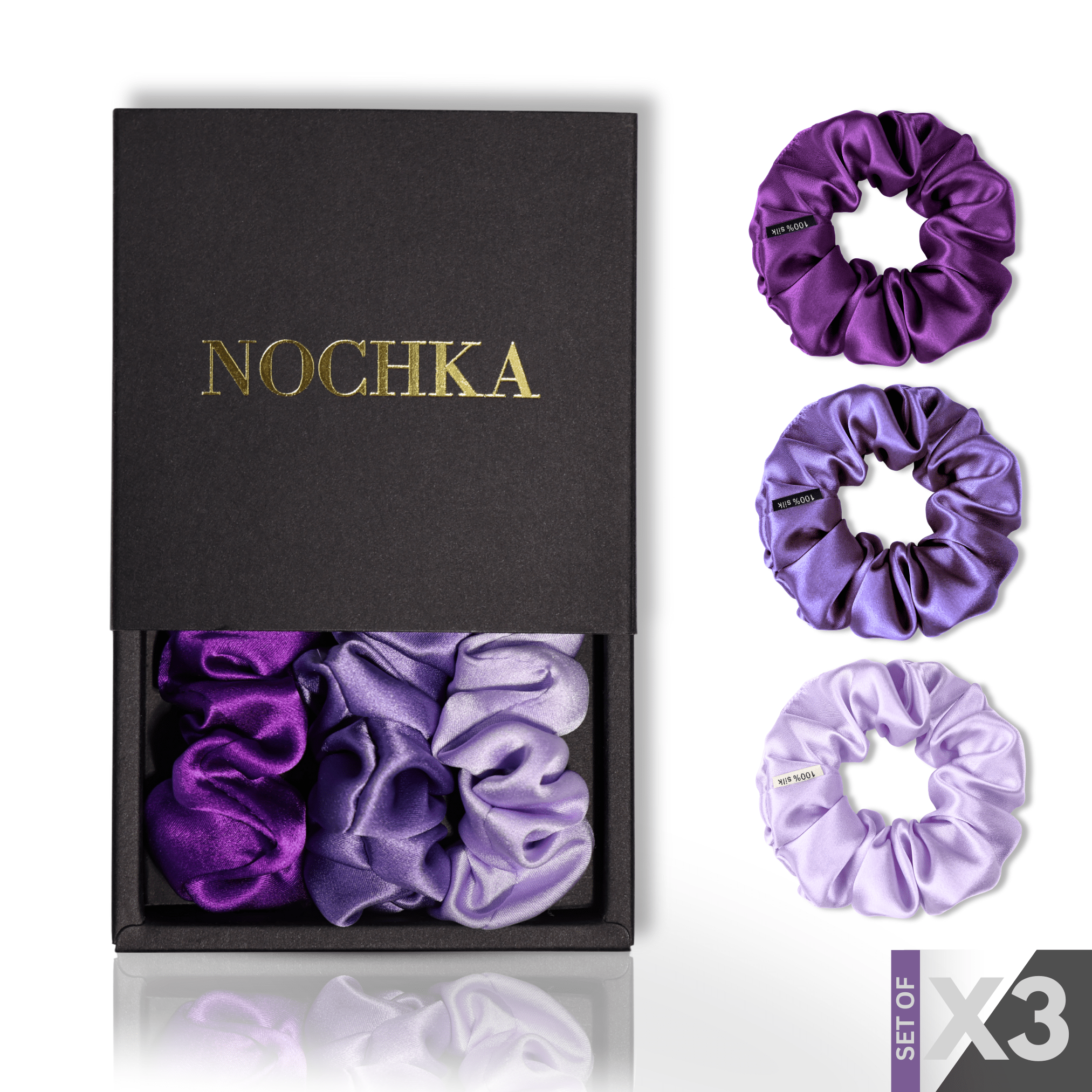 Lavender Shades of 3 Skinny Mulberry Silk Scrunchies | 100% Silk - NOCHKA
