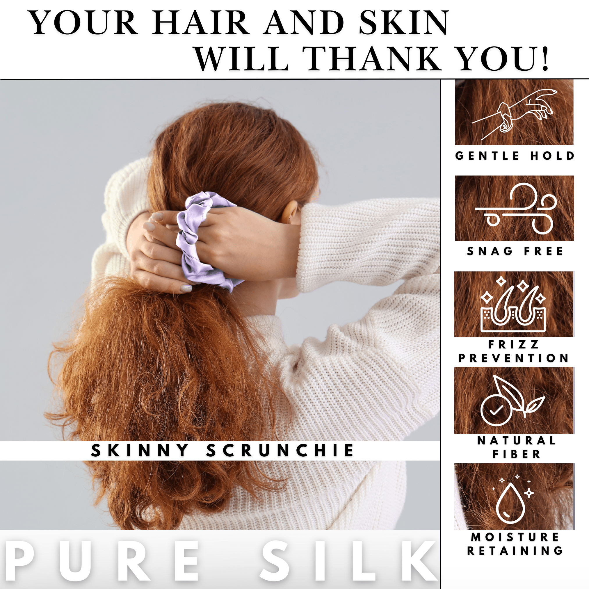 Lavender Skinny Scrunchie – 100% Pure Mulberry Silk, Perfect for All Hair Types - NOCHKA
