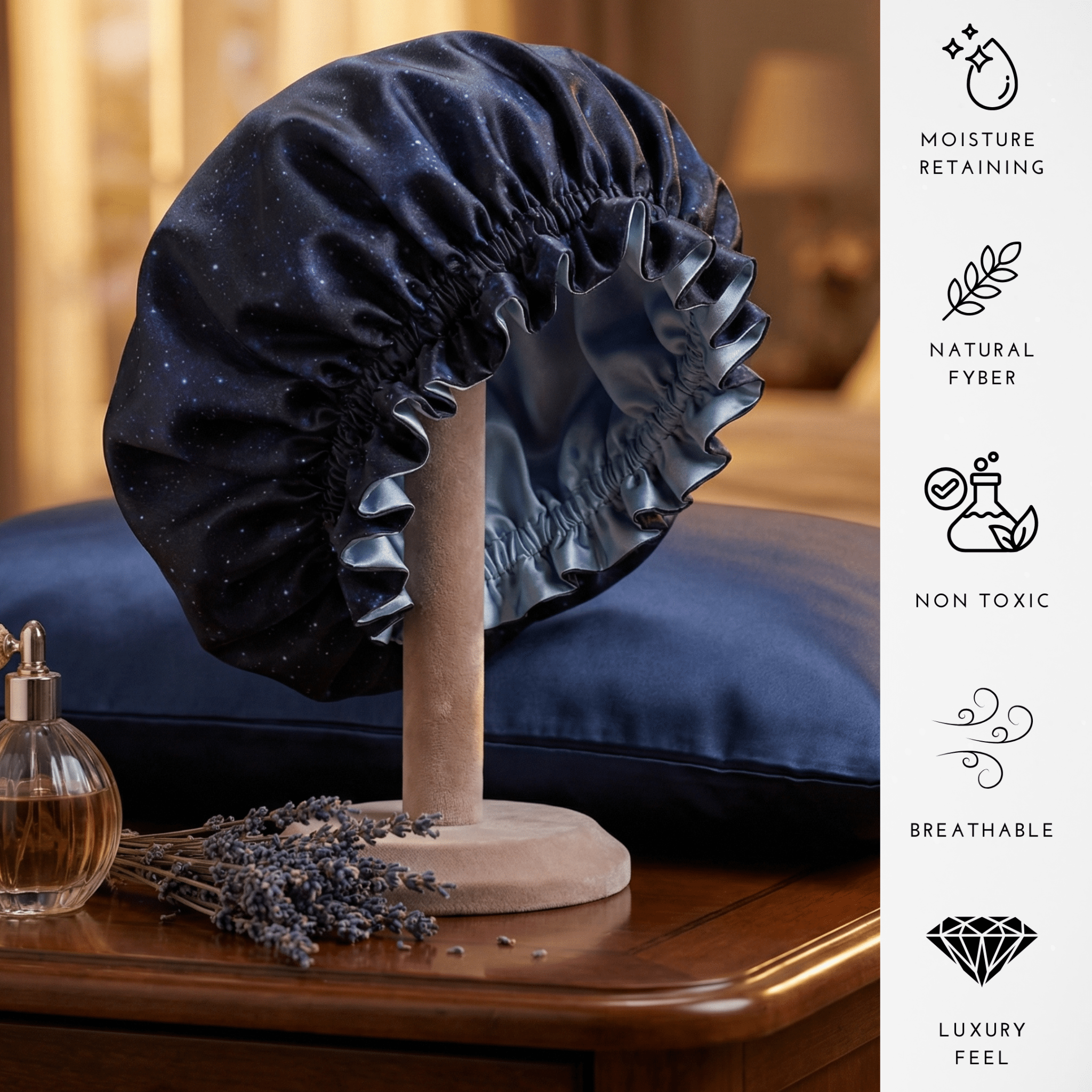 Midnight Print Pure Mulberry Silk Bonnet – Reversible & Durable - NOCHKA
