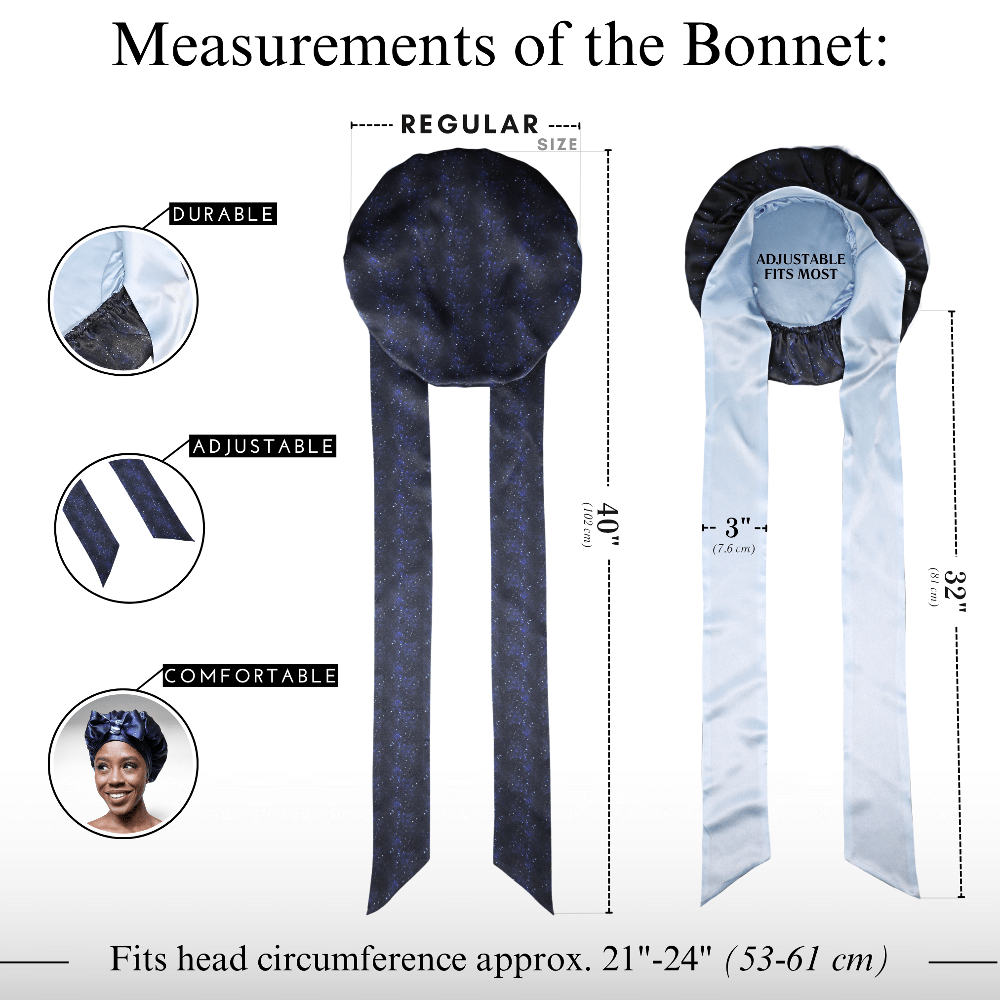 Midnight Pure Mulberry Silk Bonnet – Reversible, Adjustable Fit with Silk Ties - NOCHKA
