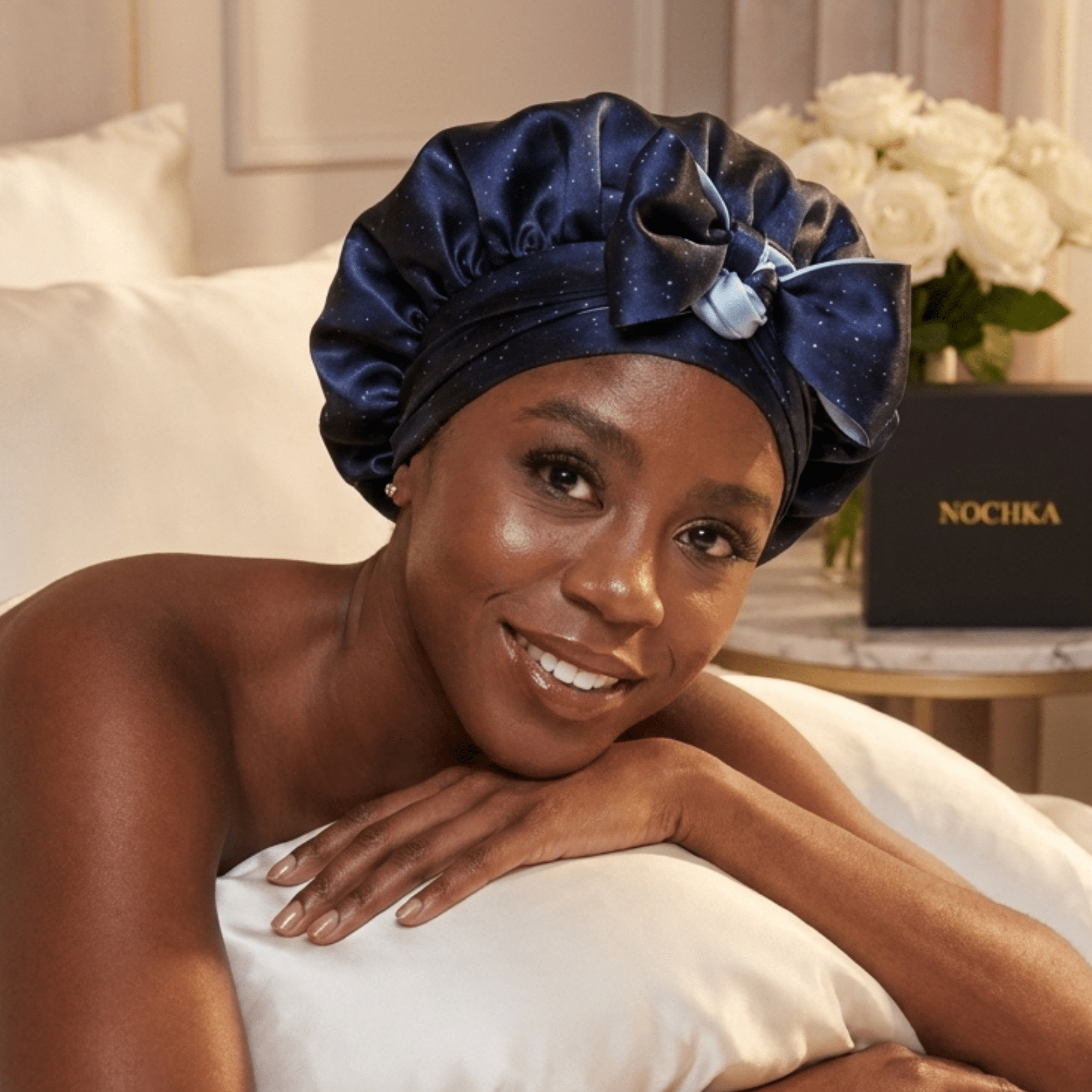 Midnight Pure Mulberry Silk Bonnet – Reversible, Adjustable Fit with Silk Ties - NOCHKA
