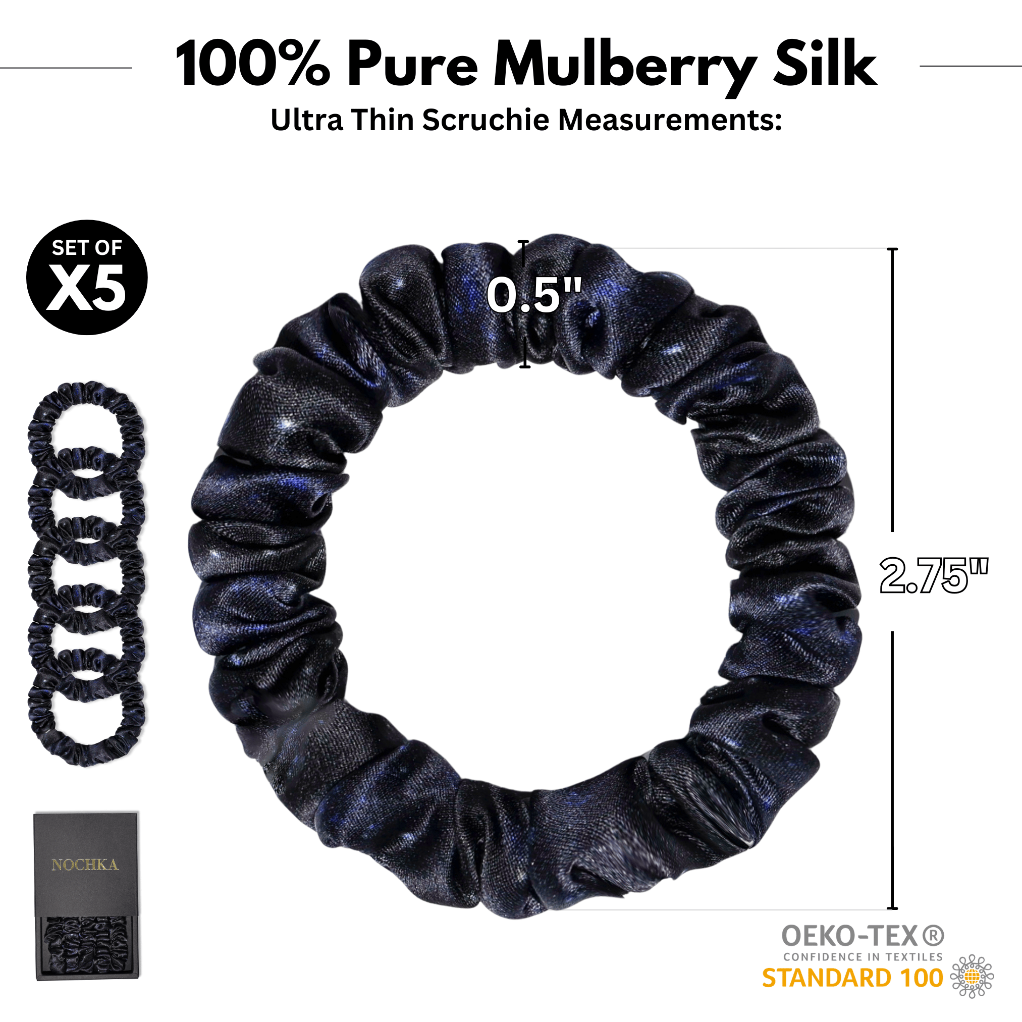 Midnight Ultra - Skinny Silk Scrunchies (Set of 5) - NOCHKA
