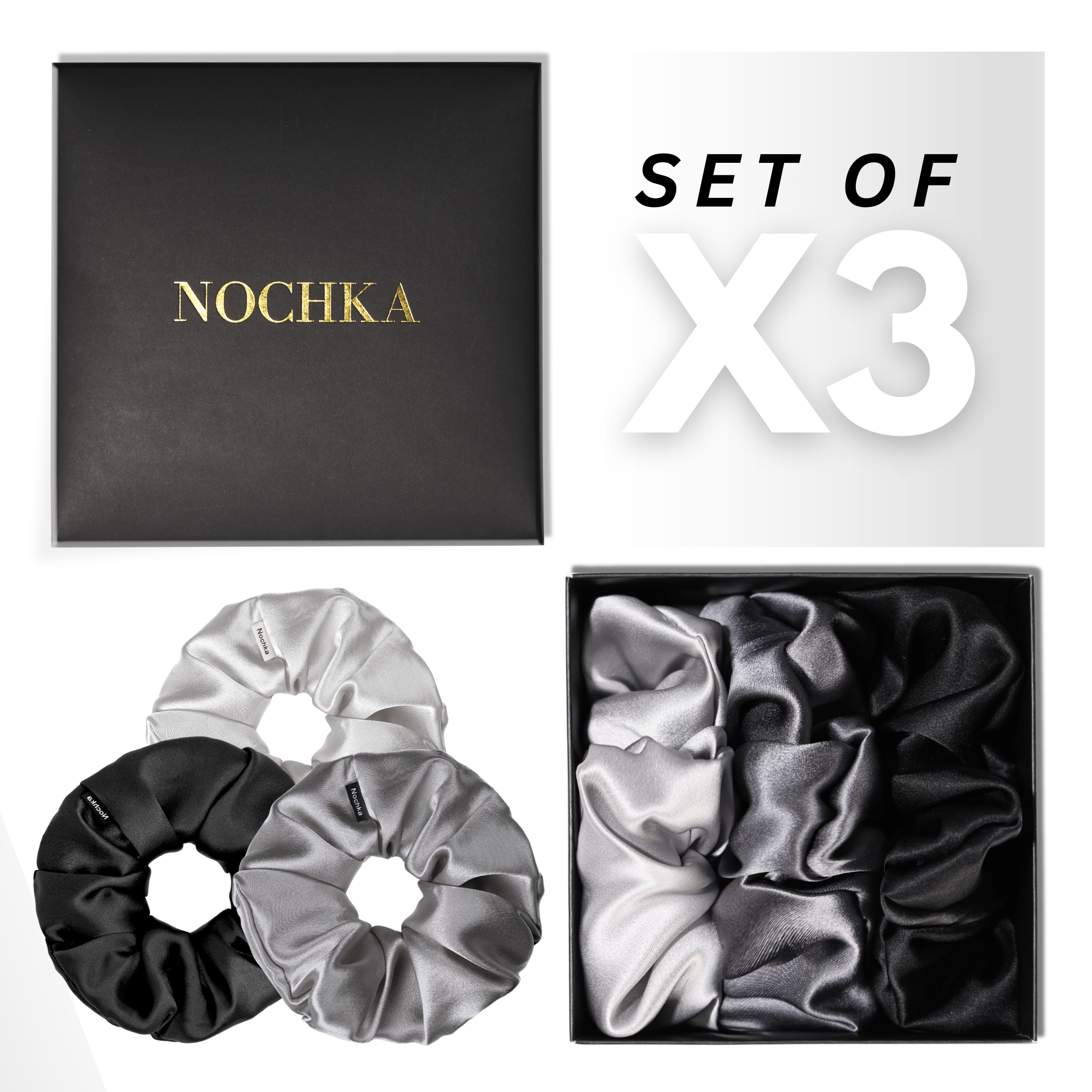 Monogram Shades of 3 Regular Mulberry Silk Scrunchies | 100% Silk - NOCHKA
