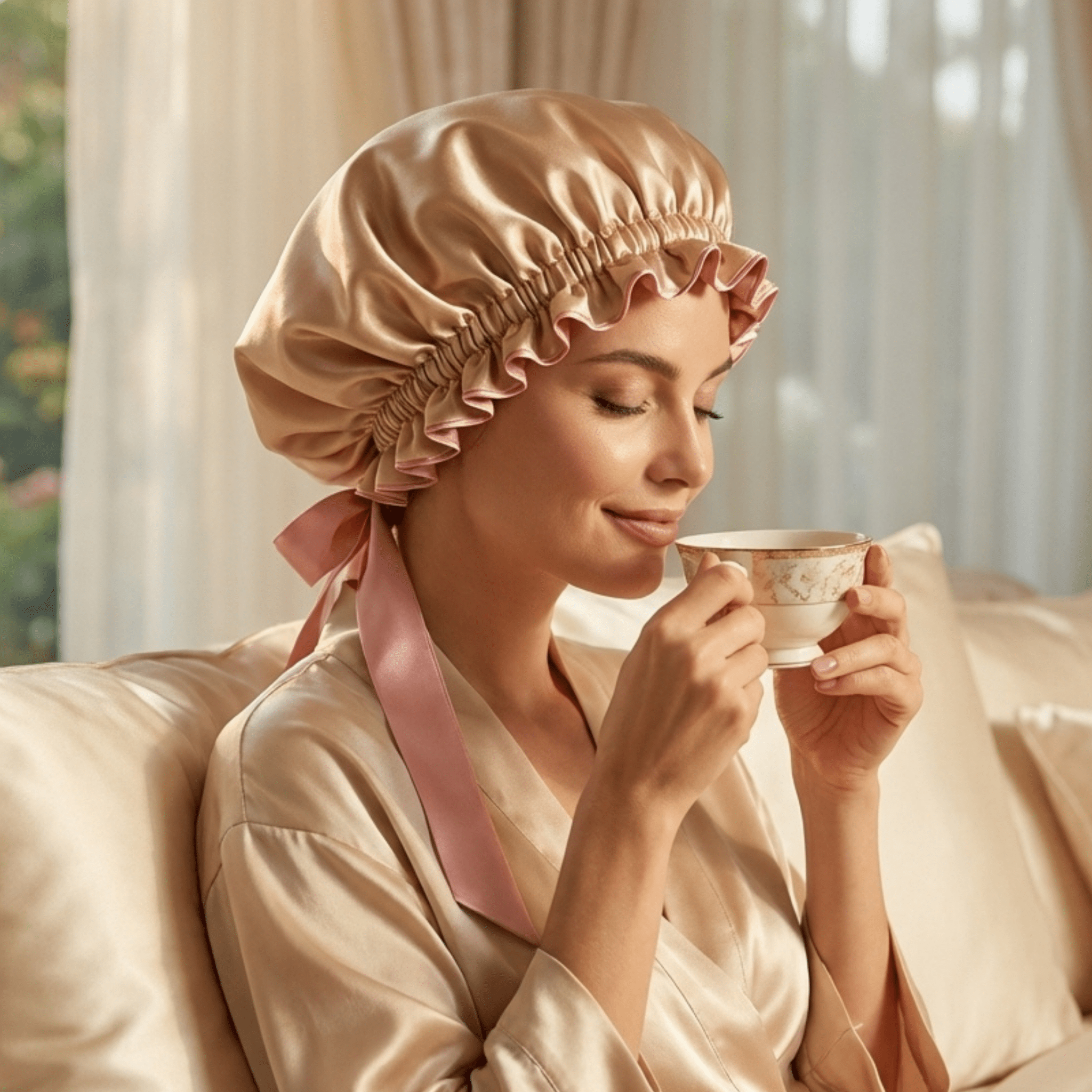 Mulberry Silk Bonnet with Thin Ties – 100% Silk Adjustable 19 Momme Hair Bonnet | Adobe Rose and Caramel - NOCHKA
