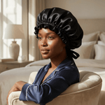 Mulberry Silk Bonnet with Thin Ties – 100% Silk Adjustable 19 Momme Hair Bonnet | Black and Black - NOCHKA
