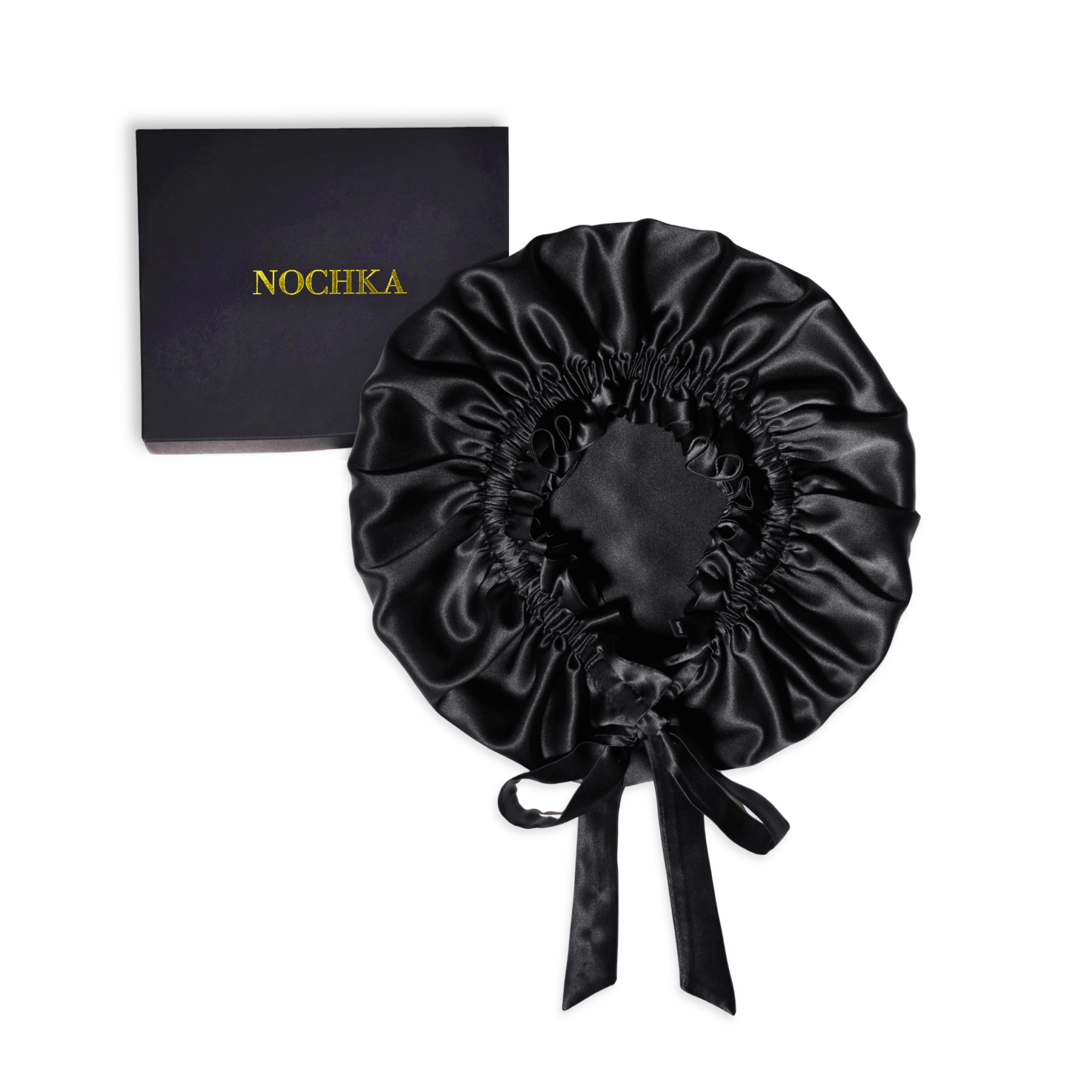 Mulberry Silk Bonnet with Thin Ties – 100% Silk Adjustable 19 Momme Hair Bonnet | Black and Black - NOCHKA
