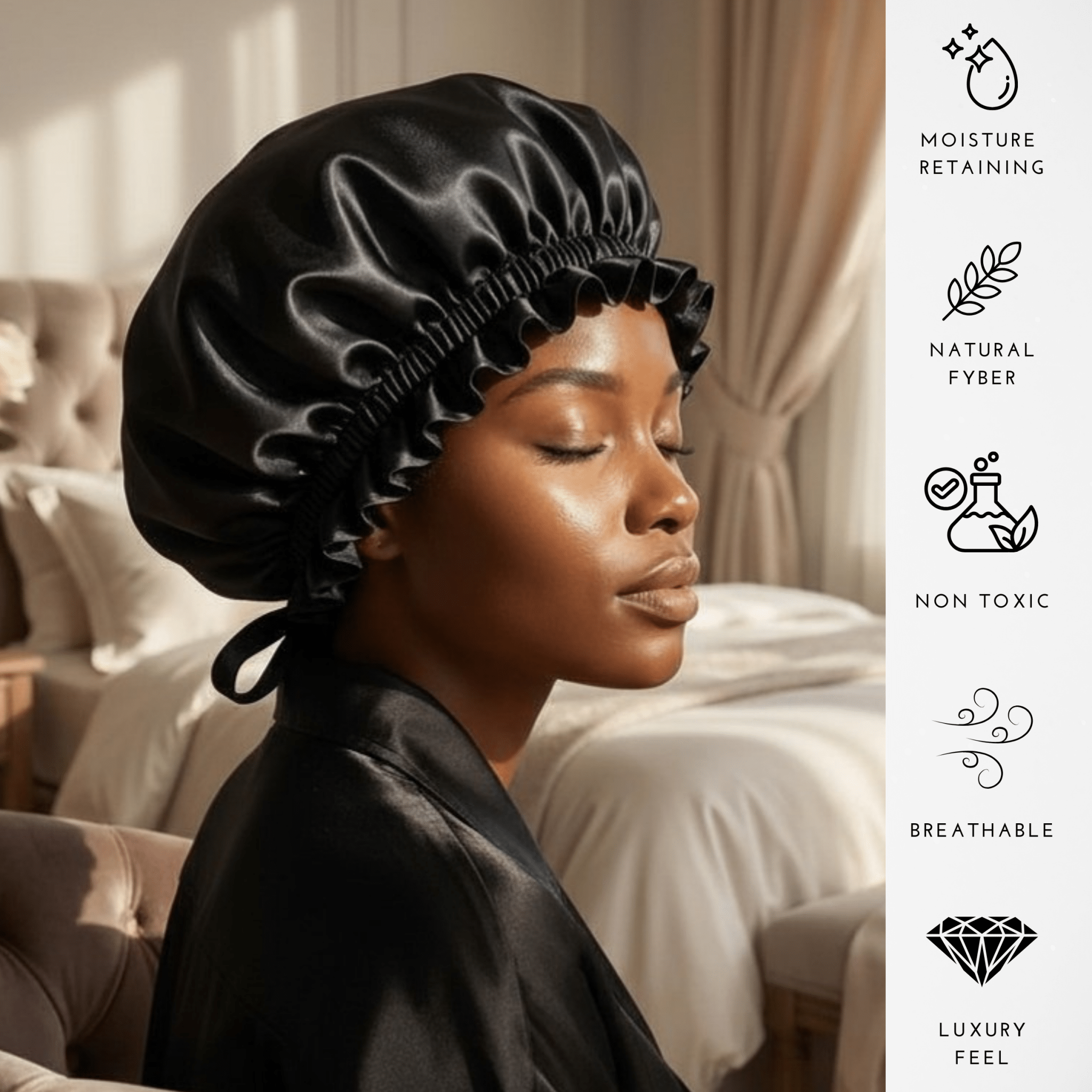 Mulberry Silk Bonnet with Thin Ties – 100% Silk Adjustable 19 Momme Hair Bonnet | Black and Black - NOCHKA
