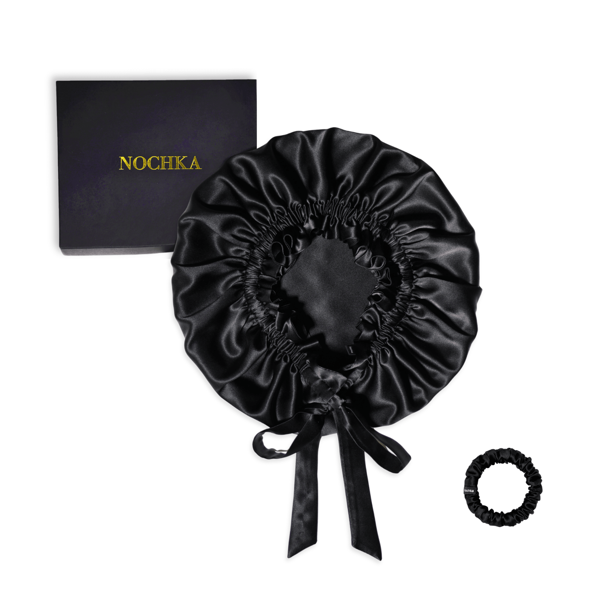 Mulberry Silk Bonnet with Thin Ties – 100% Silk Adjustable 19 Momme Hair Bonnet | Black and Black - NOCHKA
