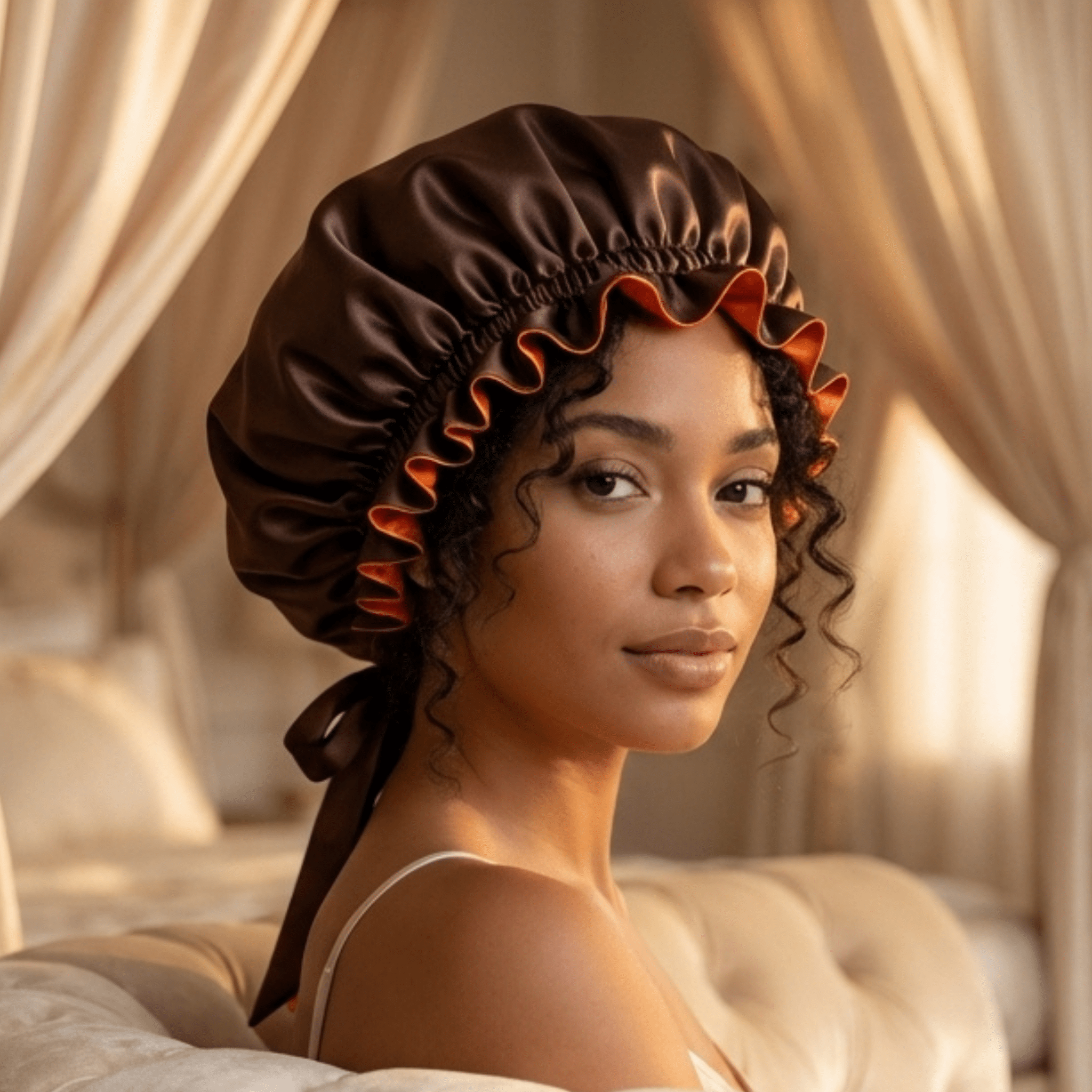 Mulberry Silk Bonnet with Thin Ties – 100% Silk Adjustable 19 Momme Hair Bonnet | Burnt Orange & Super Dark Brown - NOCHKA
