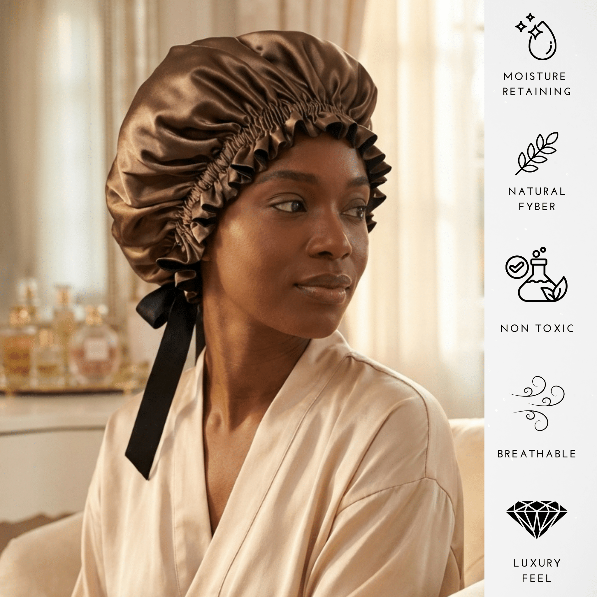 Mulberry Silk Bonnet with Thin Ties – 100% Silk Adjustable 19 Momme Hair Bonnet | Cappuccino and Black - NOCHKA
