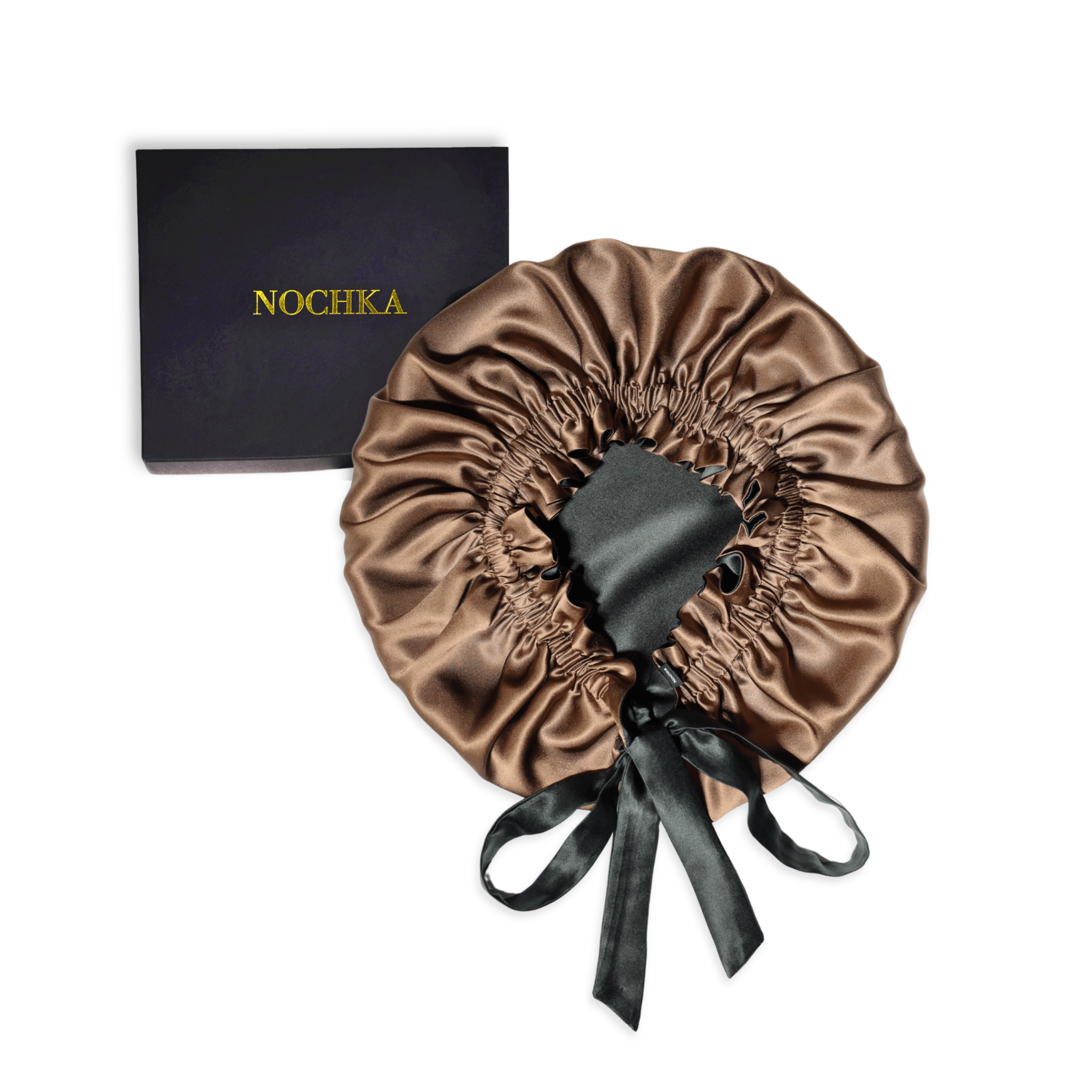 Mulberry Silk Bonnet with Thin Ties – 100% Silk Adjustable 19 Momme Hair Bonnet | Cappuccino and Black - NOCHKA
