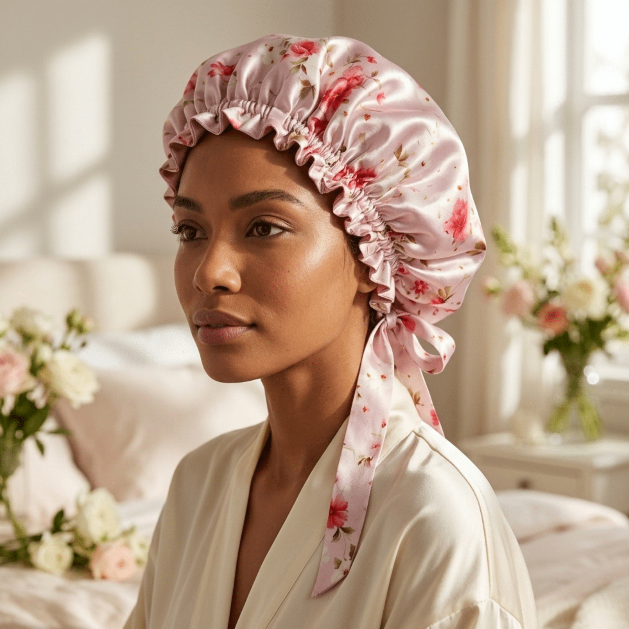 Mulberry Silk Bonnet with Thin Ties – 100% Silk Adjustable 19 Momme Hair Bonnet | Cherry Blossom - NOCHKA
