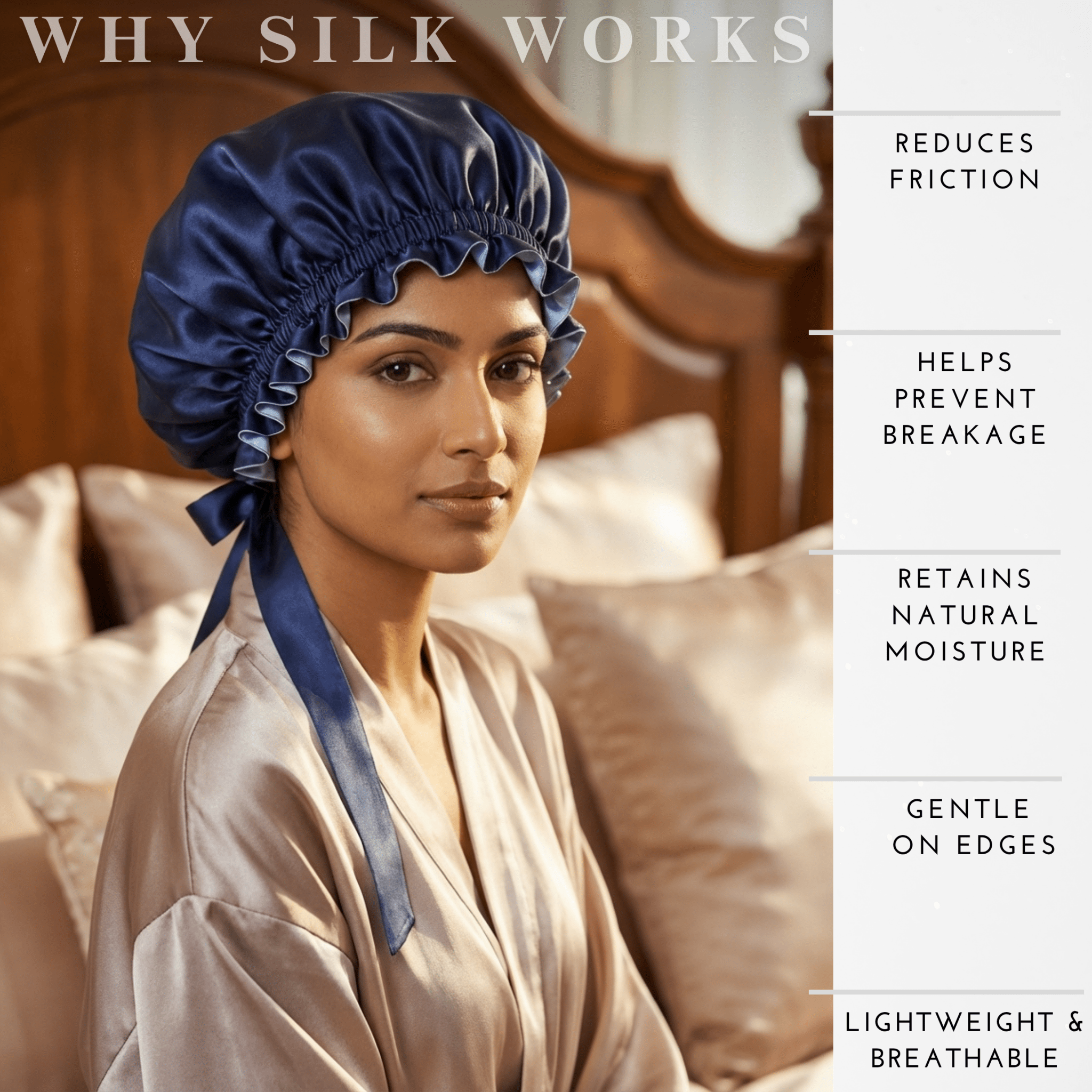 Mulberry Silk Bonnet with Thin Ties – 100% Silk Adjustable 19 Momme Hair Bonnet | Coronet Blue and Deep Blue - NOCHKA
