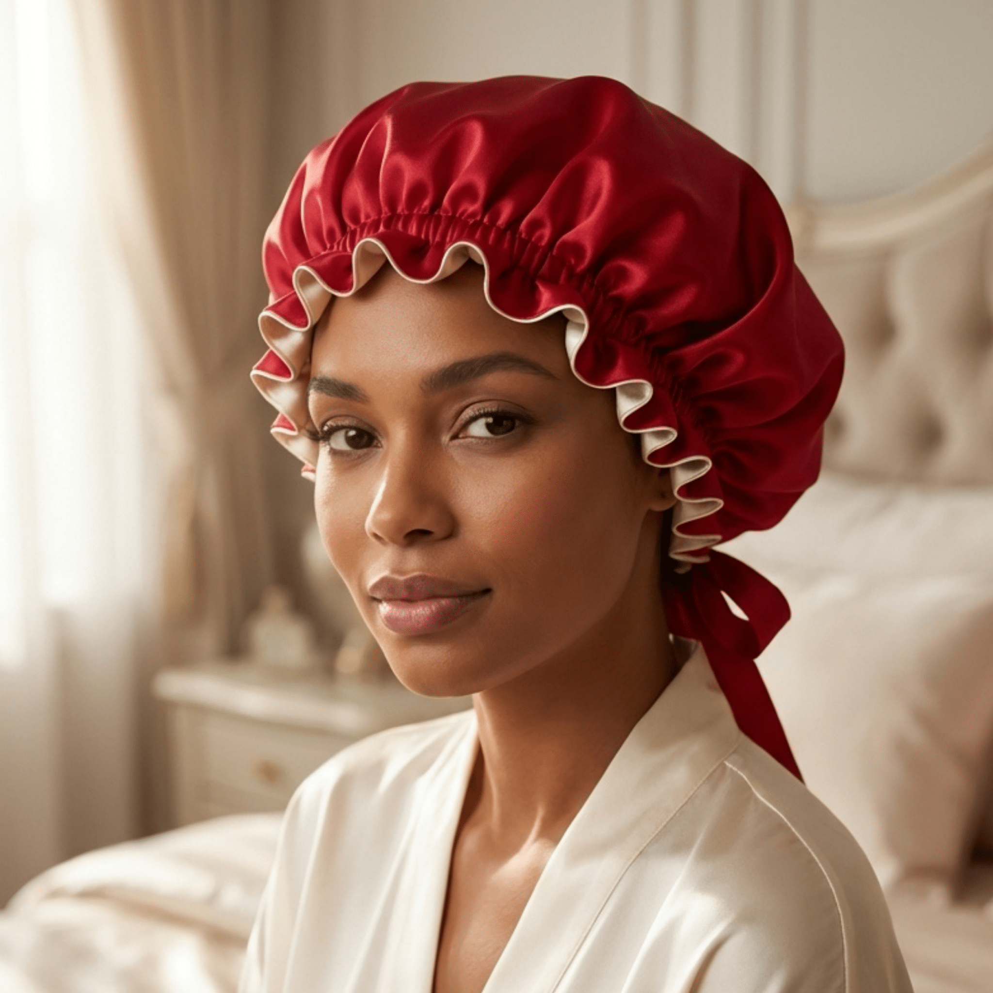 Mulberry Silk Bonnet with Thin Ties – 100% Silk Adjustable 19 Momme Hair Bonnet | Crimson Red and Light Carmel - NOCHKA
