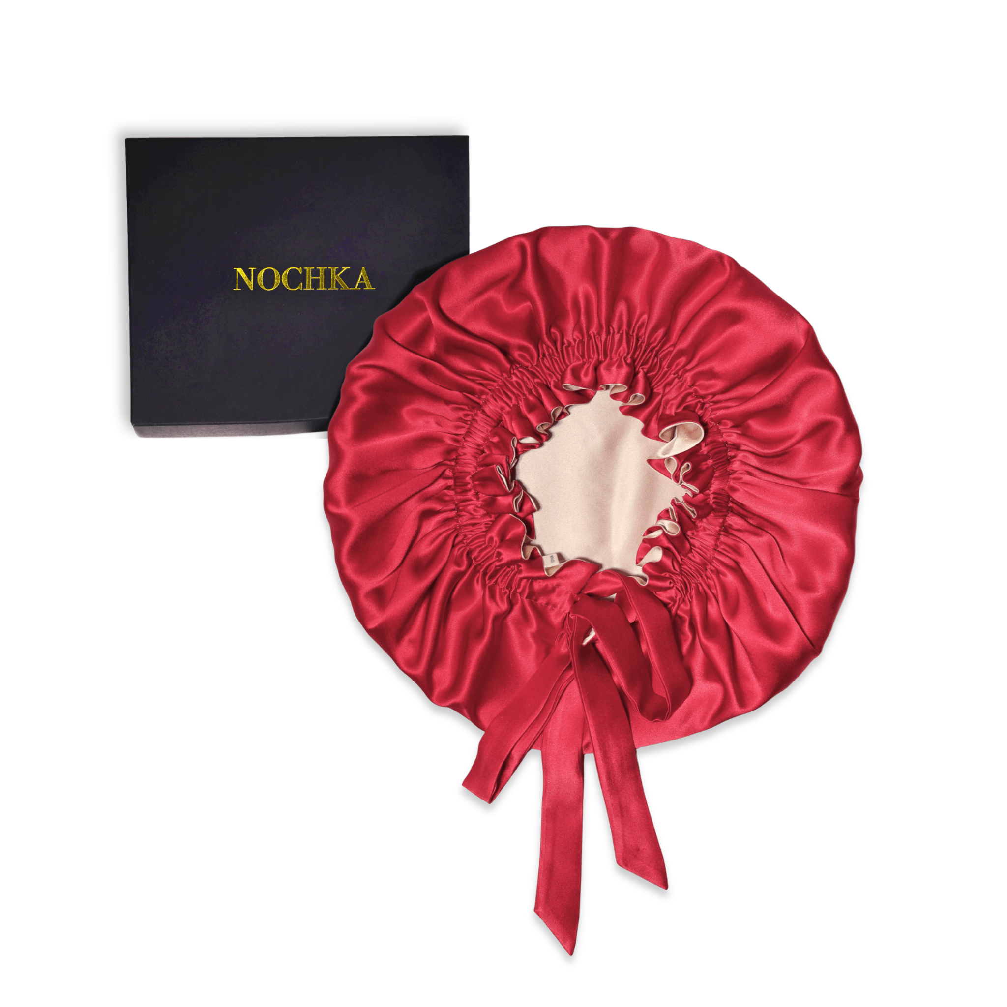 Mulberry Silk Bonnet with Thin Ties – 100% Silk Adjustable 19 Momme Hair Bonnet | Crimson Red and Light Carmel - NOCHKA
