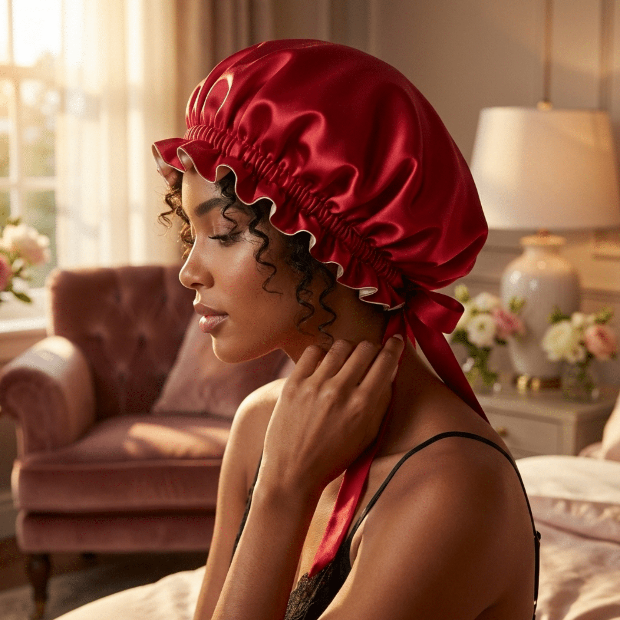 Mulberry Silk Bonnet with Thin Ties – 100% Silk Adjustable 19 Momme Hair Bonnet | Crimson Red and Light Carmel - NOCHKA
