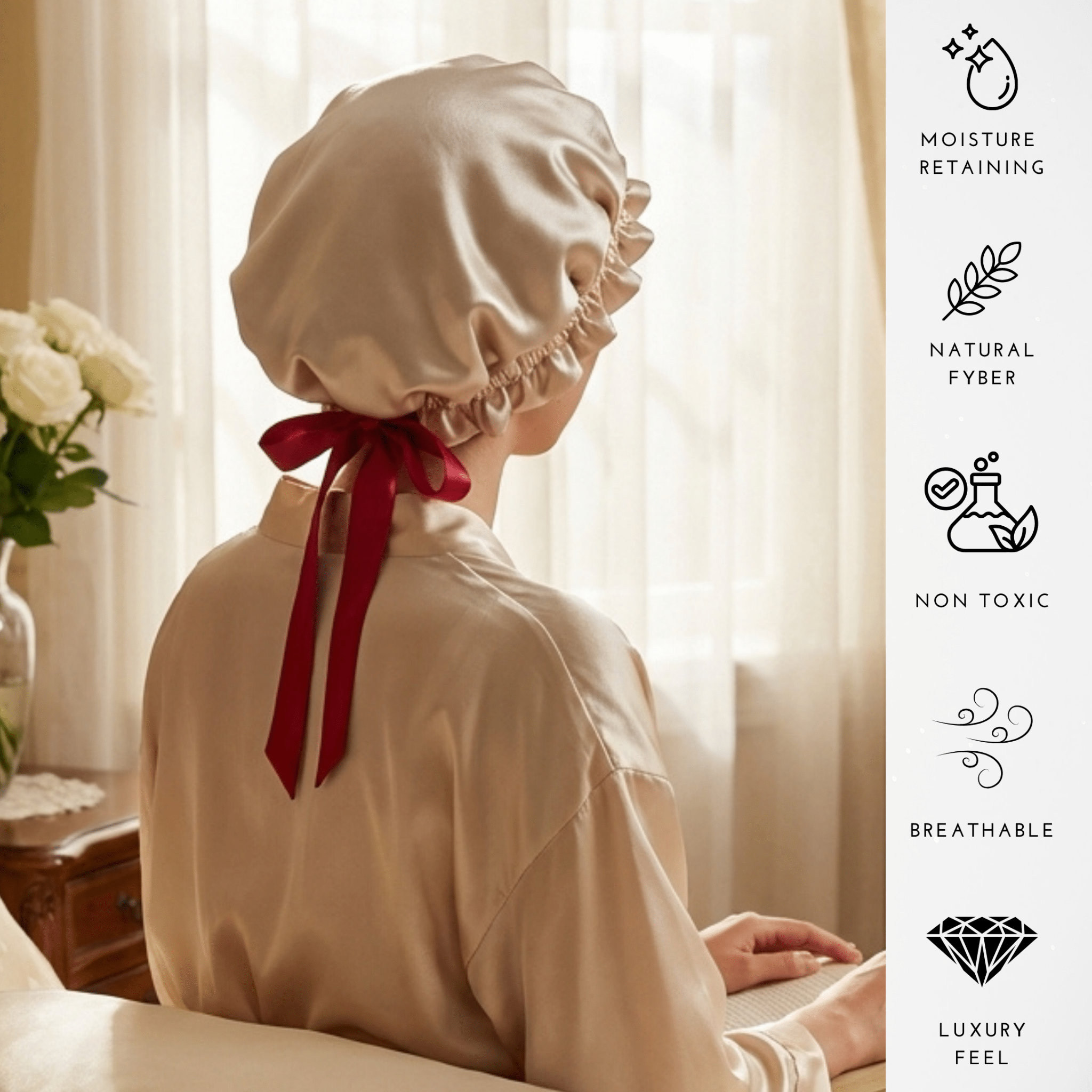 Mulberry Silk Bonnet with Thin Ties – 100% Silk Adjustable 19 Momme Hair Bonnet | Crimson Red and Light Carmel - NOCHKA
